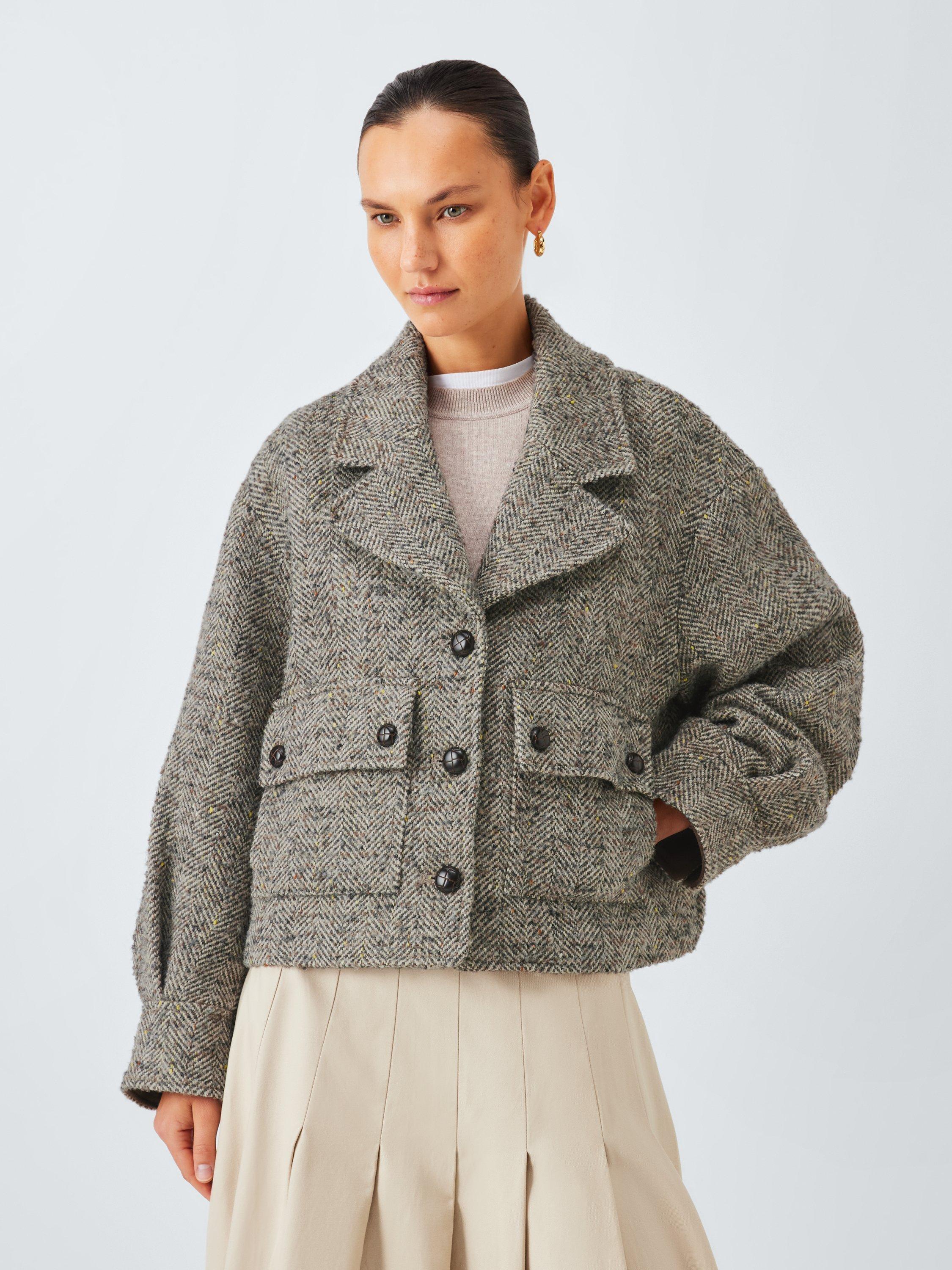 Product image 2 of 6, which shows John Lewis Oversized Wool Blend Herrringbone Jacket, Grey/Multi, 20