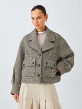 John Lewis Wool Blend Herringbone Weave Cropped Jacket, Grey/Multi