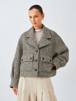 John Lewis Oversized Wool Blend Herrringbone Jacket, Grey/Multi - view 2, Grey/Multi