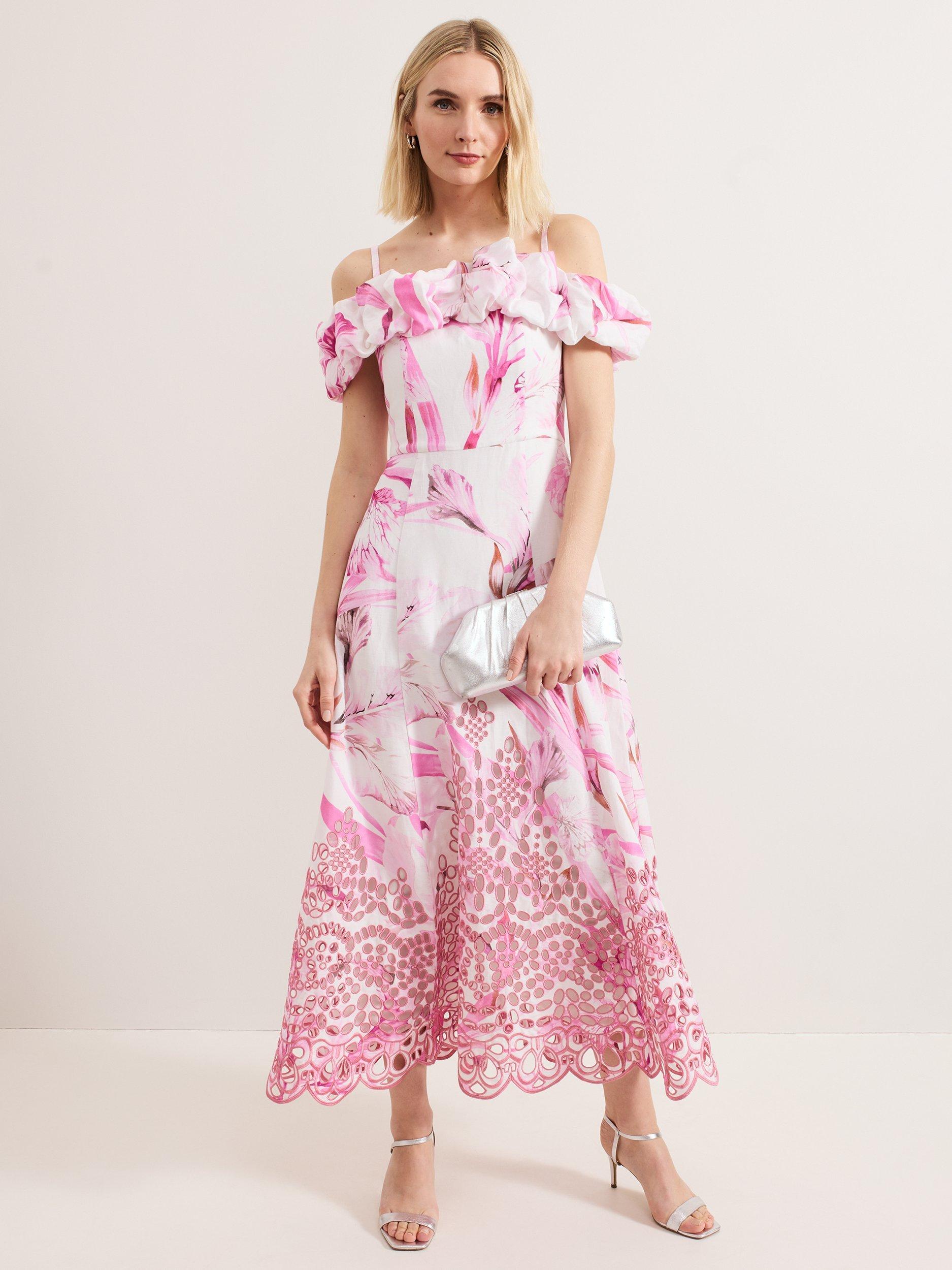 Product image 1 of 10, which shows Phase Eight Esme Floral Linen Blend Dress, Pink/White, 6