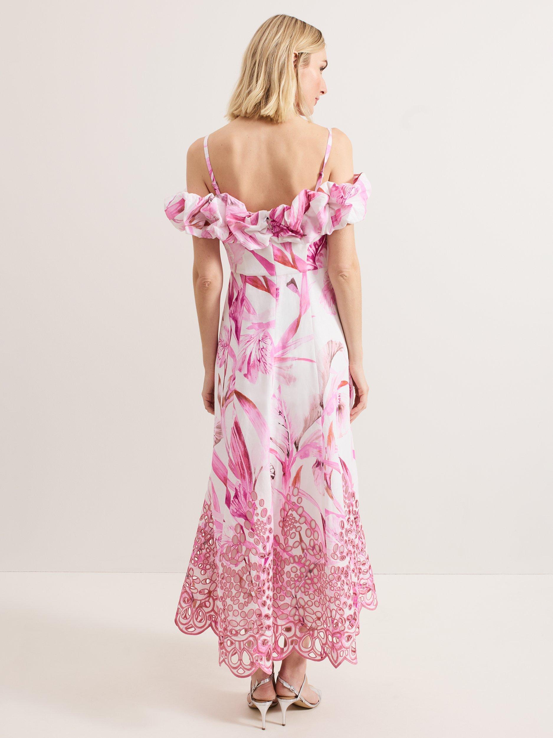 Product image 2 of 10, which shows Phase Eight Esme Floral Linen Blend Dress, Pink/White, 6