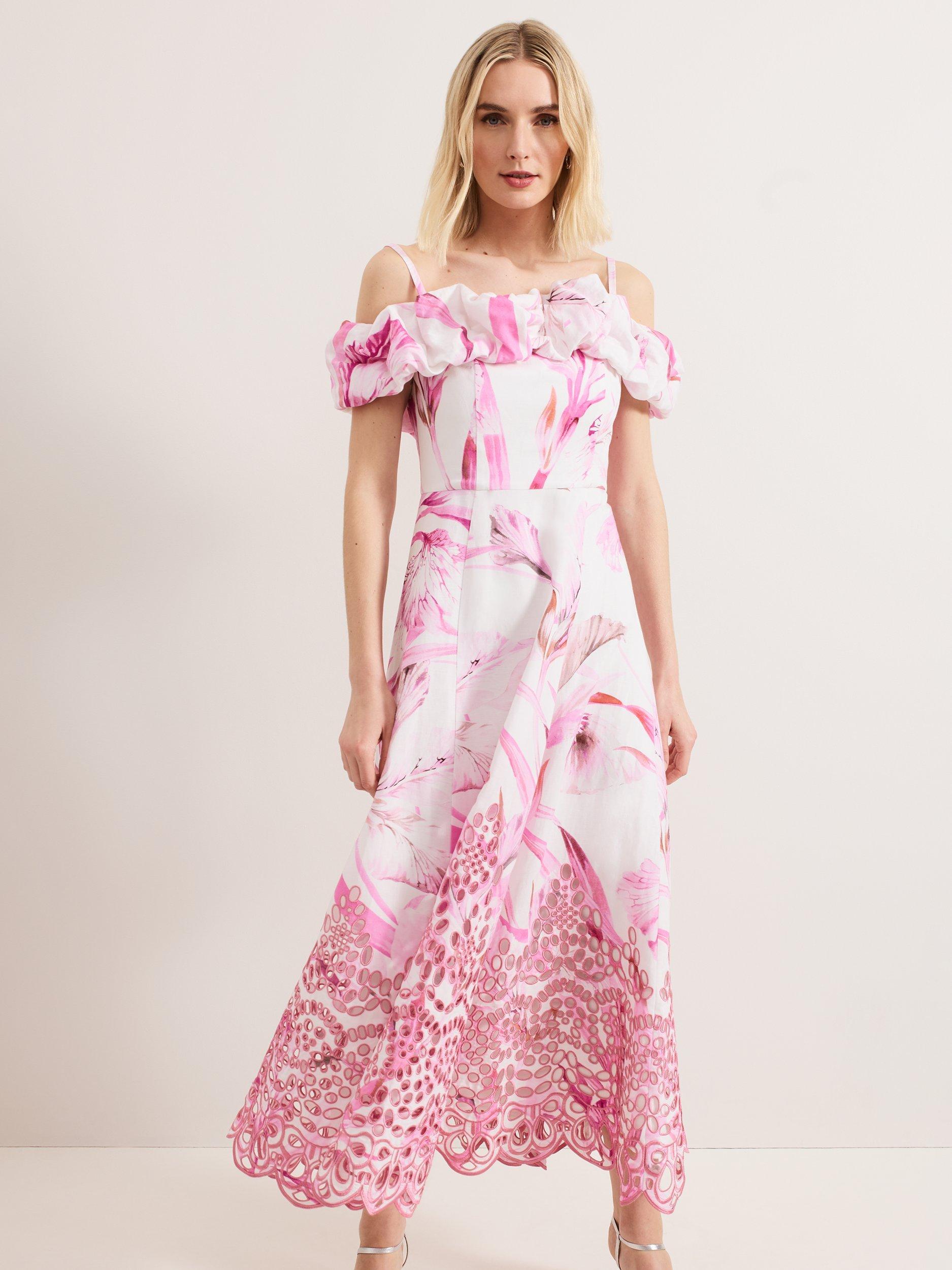 Product image 3 of 10, which shows Phase Eight Esme Floral Linen Blend Dress, Pink/White, 6