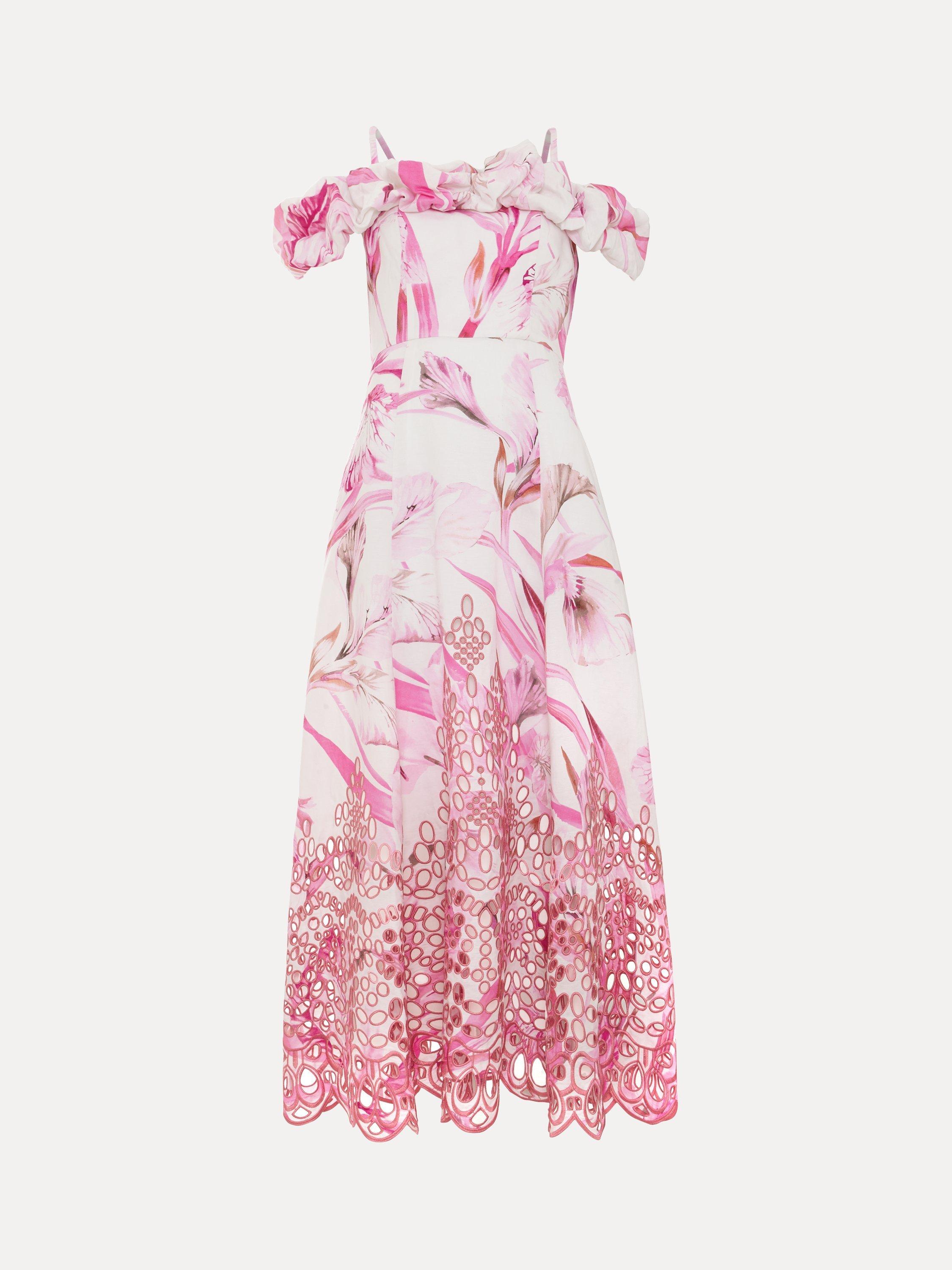 Product image 5 of 10, which shows Phase Eight Esme Floral Linen Blend Dress, Pink/White, 6