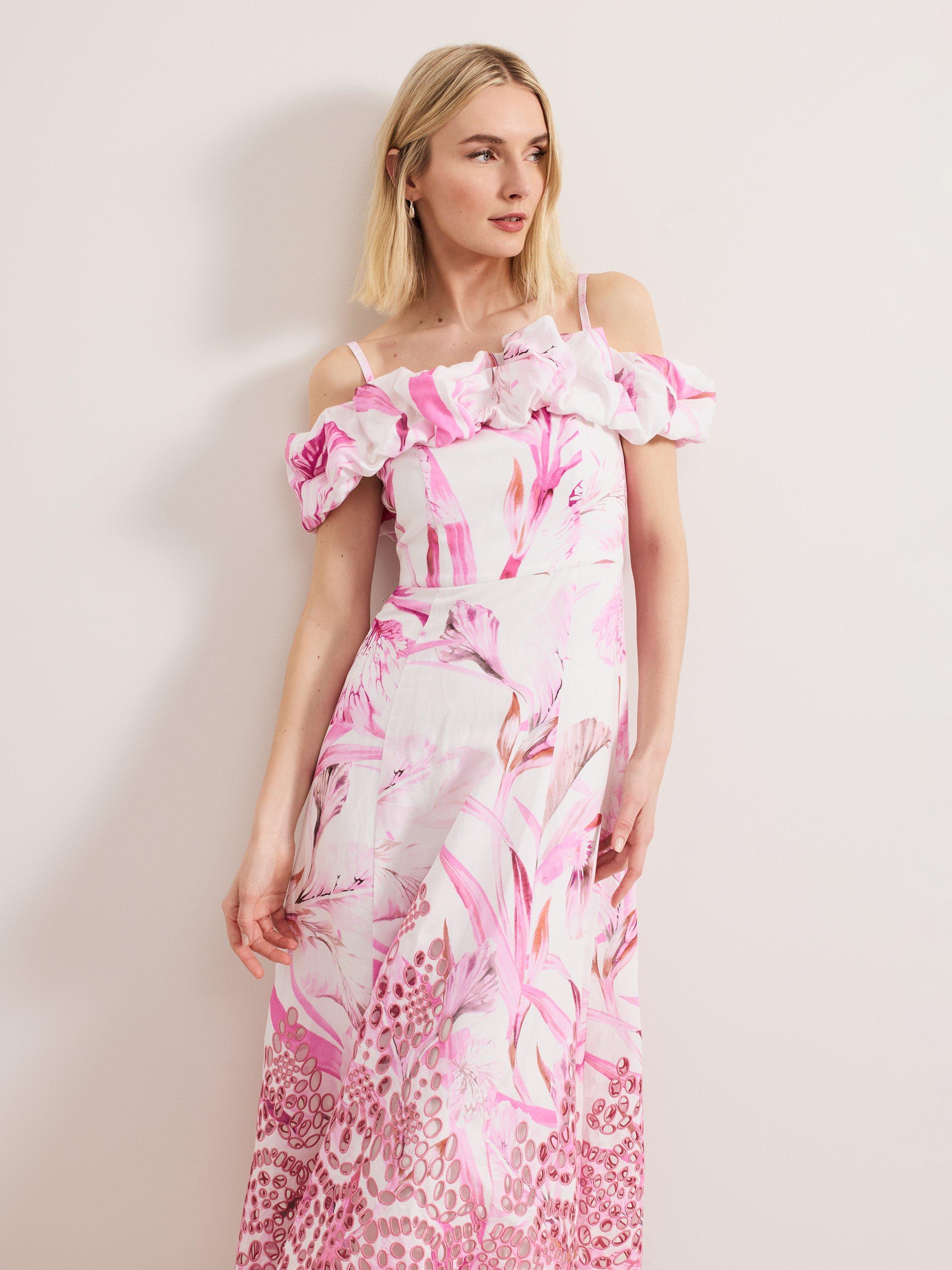 ★Phase eight Esme フローラルフリルバルドー 上質マキシ★ Phase Eight Esme Floral Linen Blend Dress, Pink/White