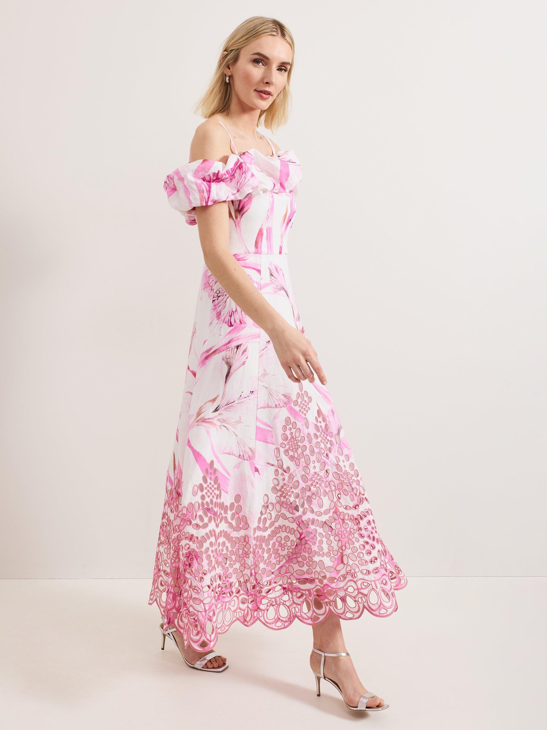 Product image 10 of 10, which shows Phase Eight Esme Floral Linen Blend Dress, Pink/White, 6