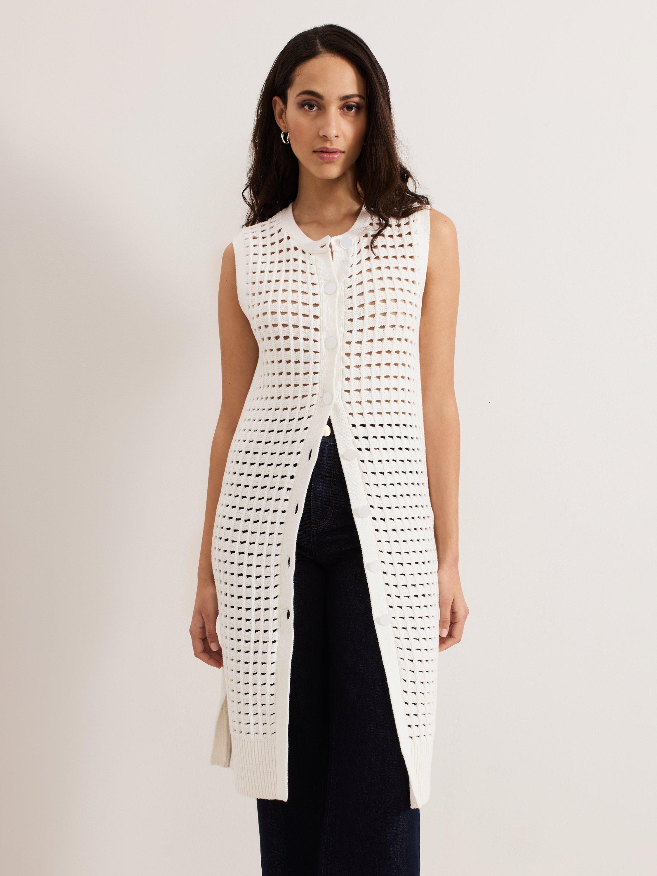 Product image 1 of 8, which shows Phase Eight Polly Crochet Sleeveless Cardigan, Ivory, S