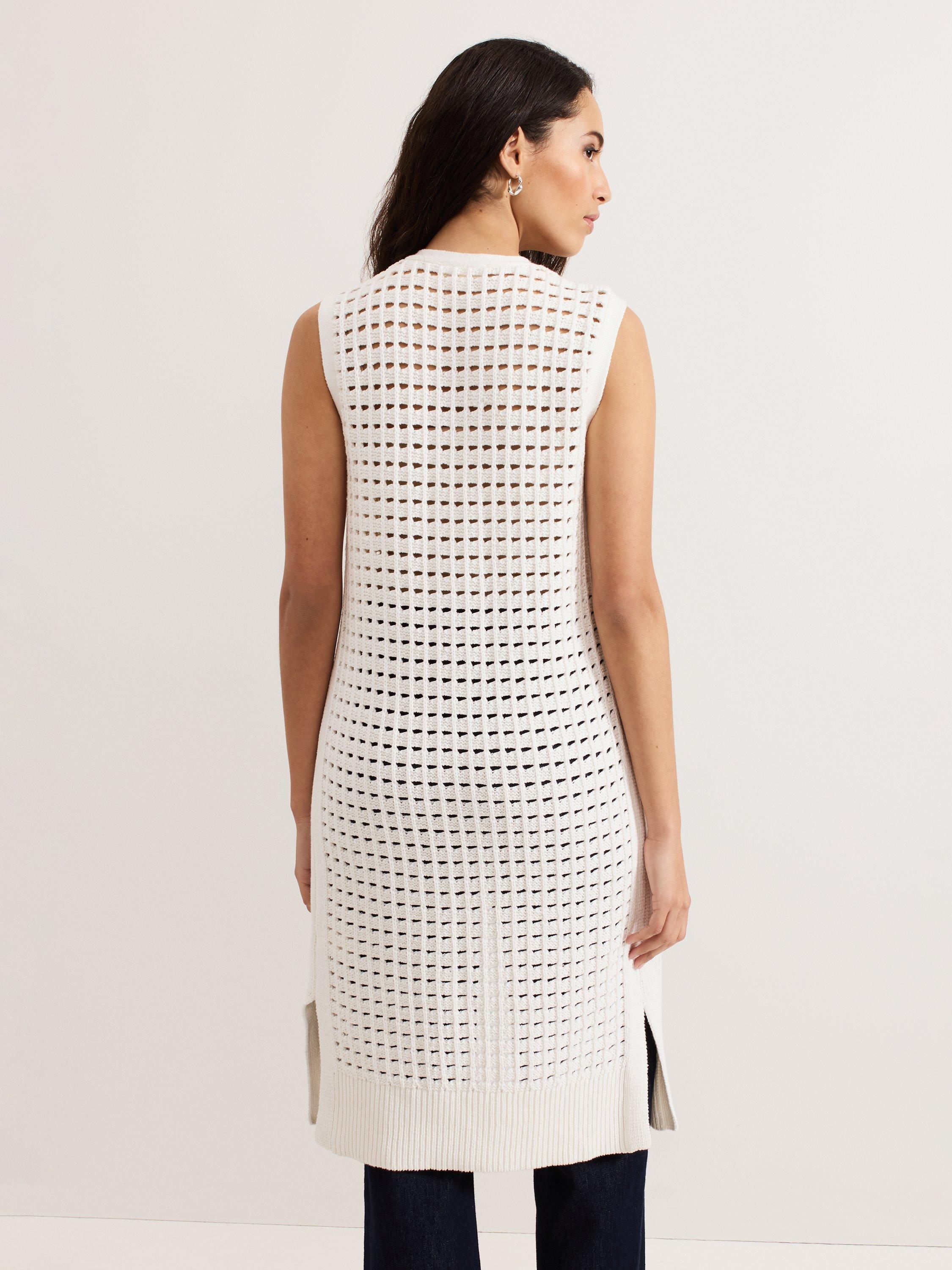 Product image 2 of 8, which shows Phase Eight Polly Crochet Sleeveless Cardigan, Ivory, S