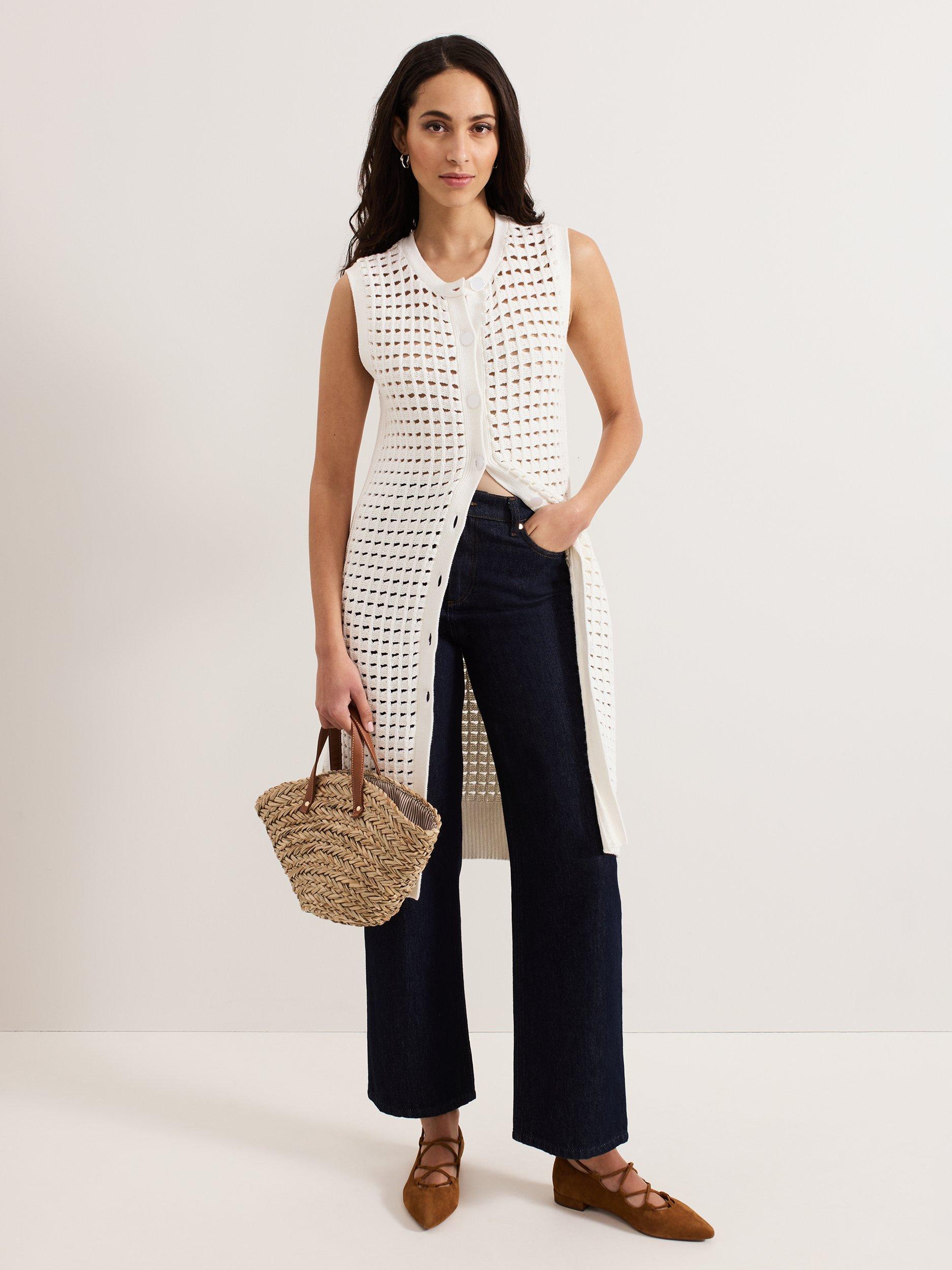 Product image 3 of 8, which shows Phase Eight Polly Crochet Sleeveless Cardigan, Ivory, S