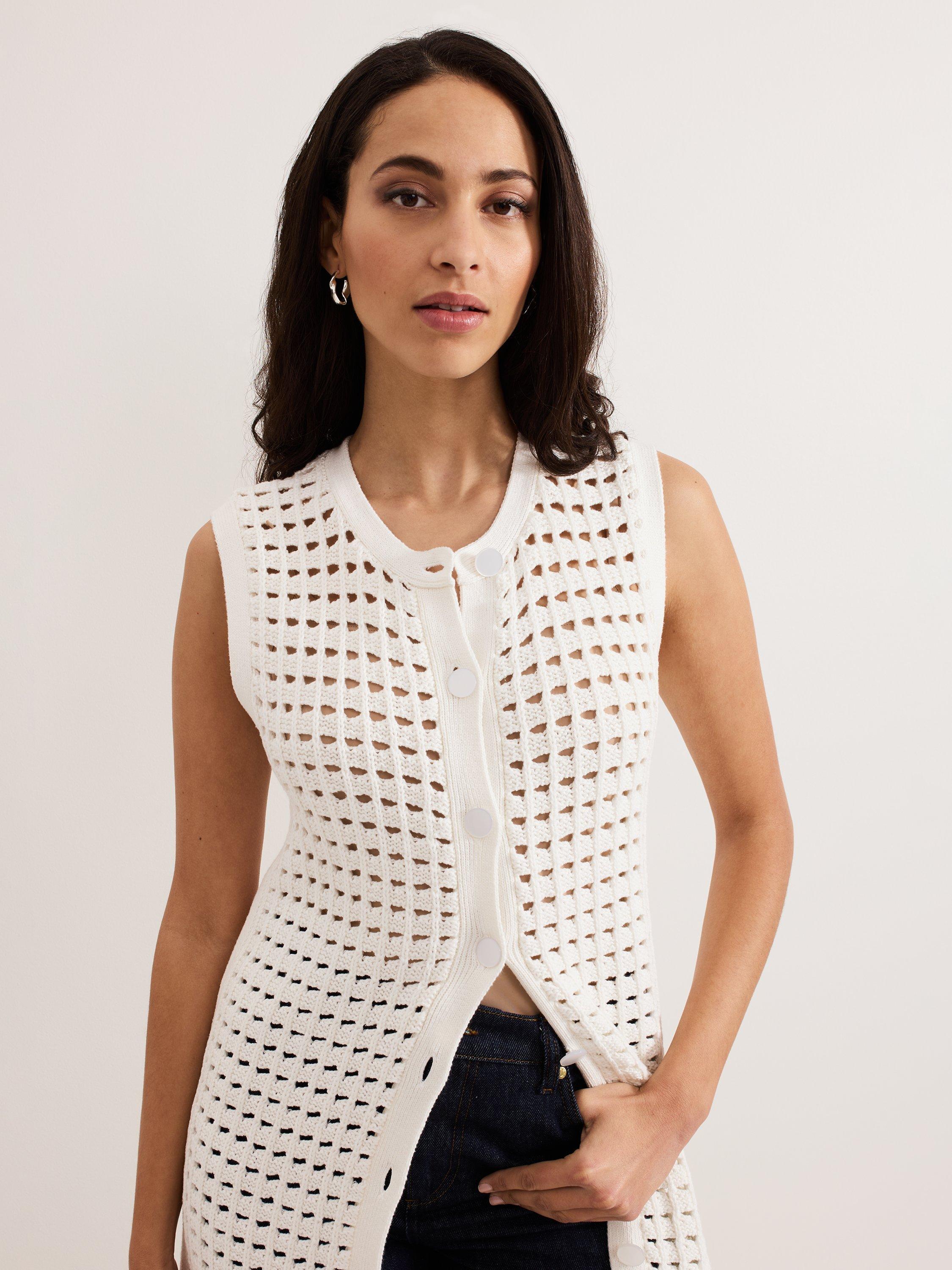 Product image 4 of 8, which shows Phase Eight Polly Crochet Sleeveless Cardigan, Ivory, S