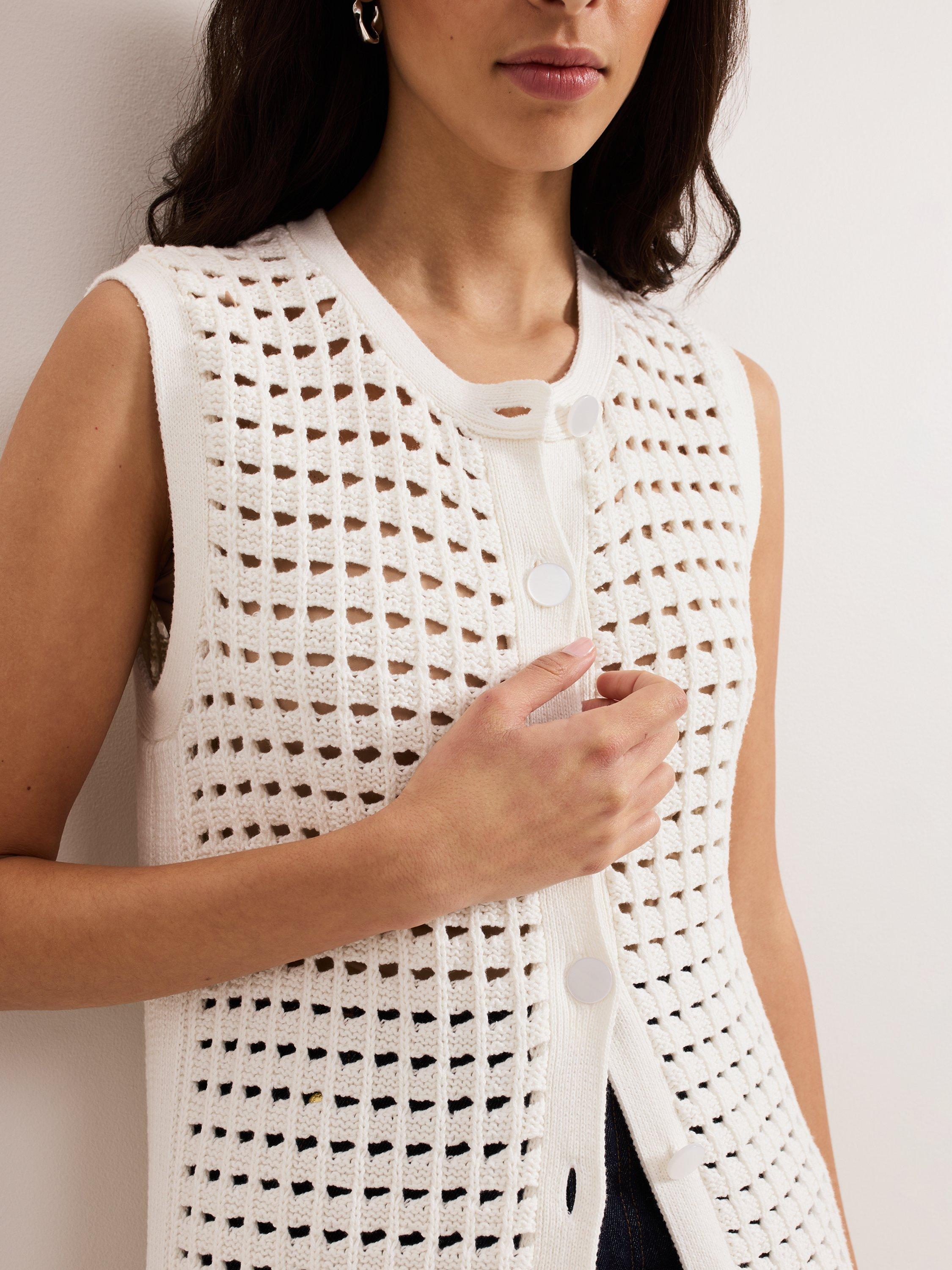 Product image 7 of 8, which shows Phase Eight Polly Crochet Sleeveless Cardigan, Ivory, S