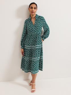 Phase Eight Petite Lara Geometric Tiered Midi Dress, Green/Multi, Green/Multi