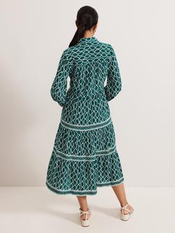 Phase Eight Petite Lara Geometric Tiered Midi Dress, Green/Multi - view 2, Green/Multi