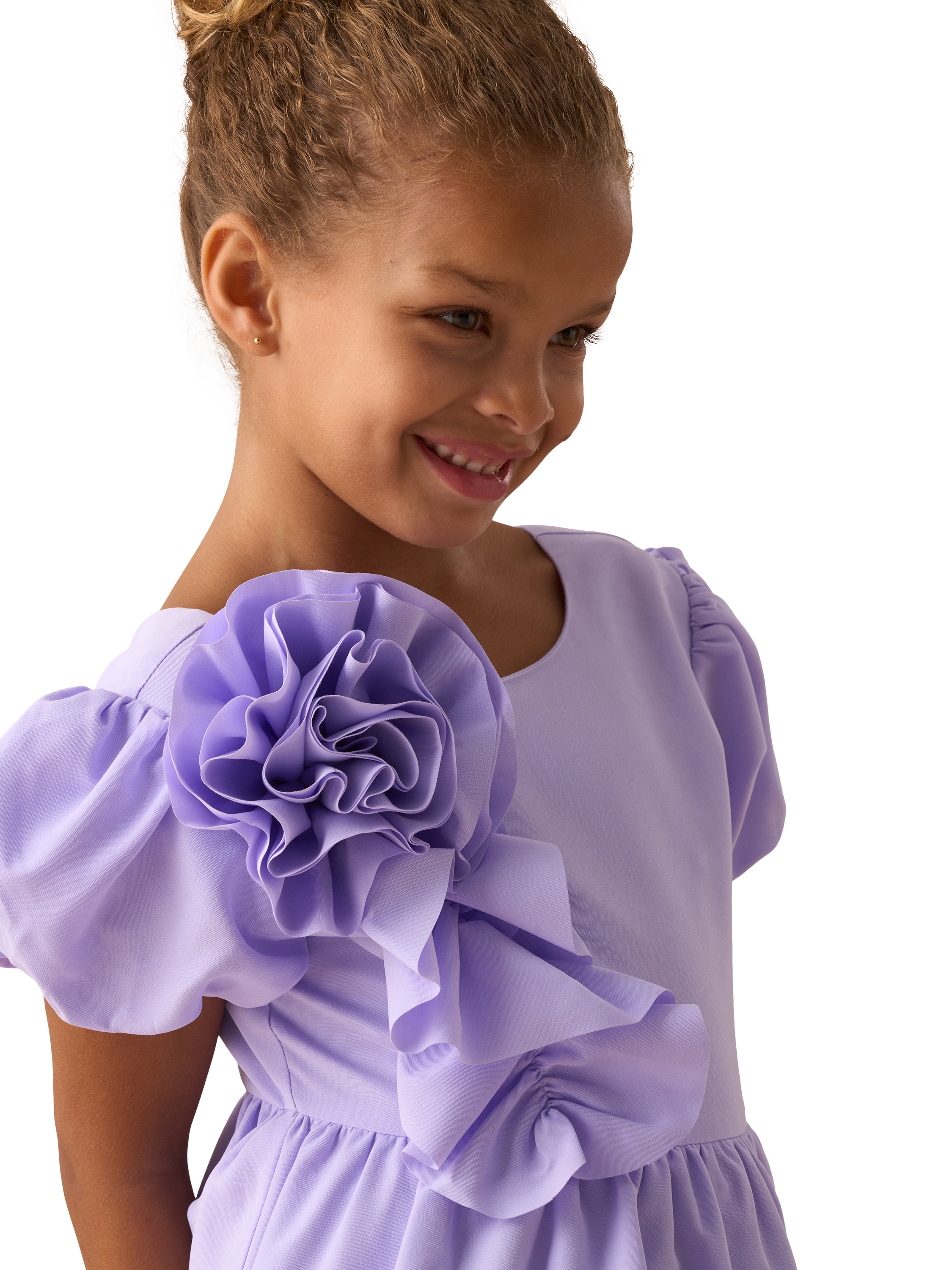 Product image 2 of 7, which shows Angel & Rocket Kids' Nieve Corsage Puff Sleeve Dress, Purple, 2 years