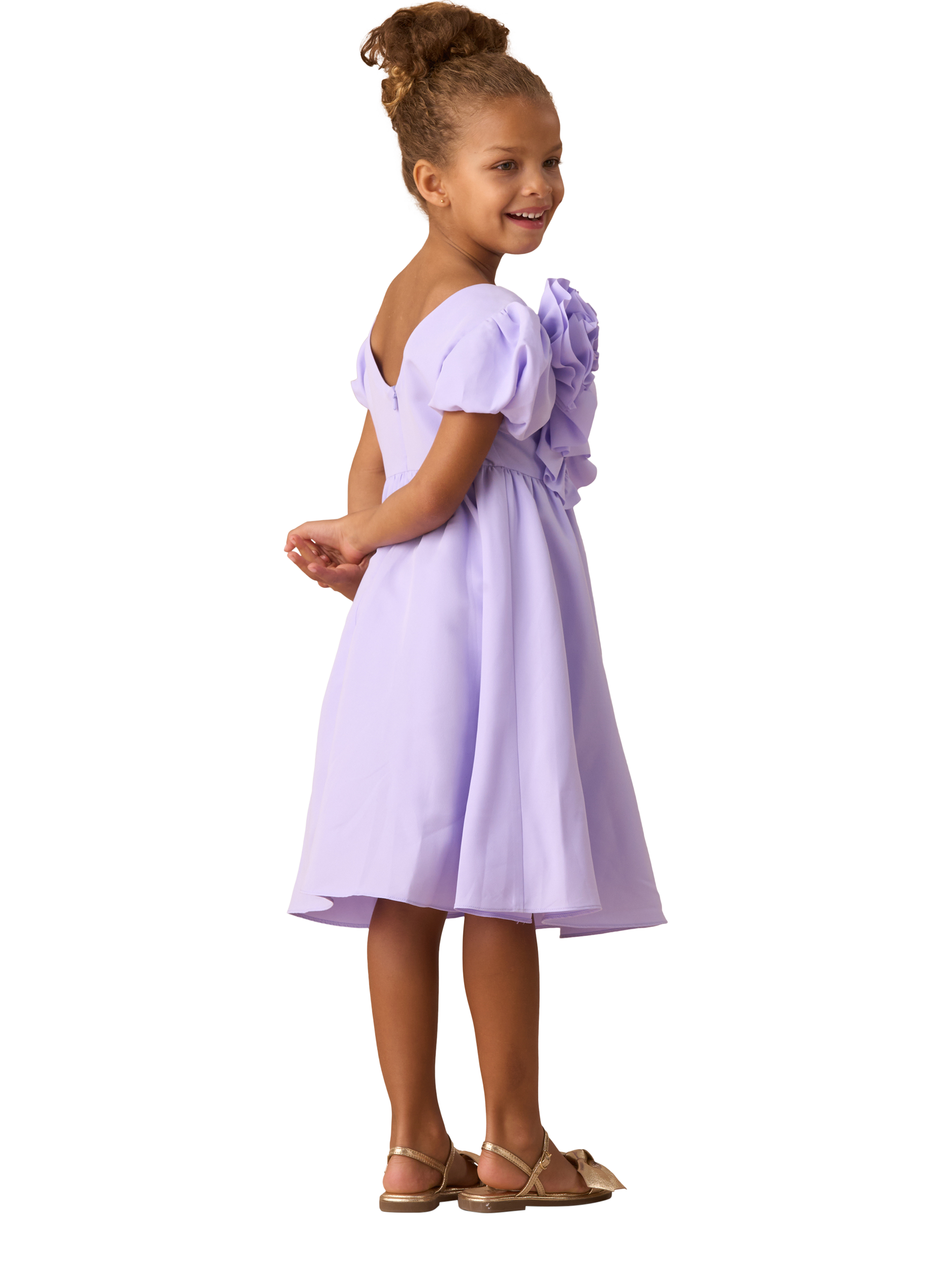 Product image 3 of 7, which shows Angel & Rocket Kids' Nieve Corsage Puff Sleeve Dress, Purple, 2 years