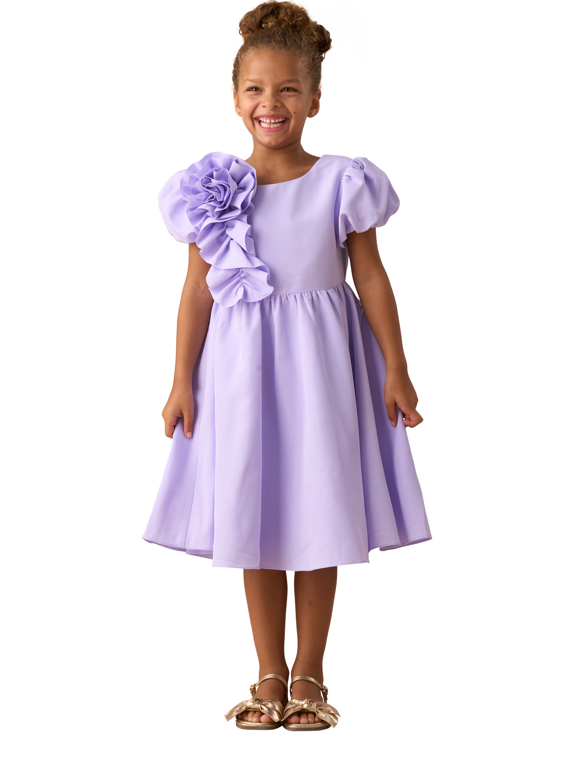 Product image 4 of 7, which shows Angel & Rocket Kids' Nieve Corsage Puff Sleeve Dress, Purple, 2 years