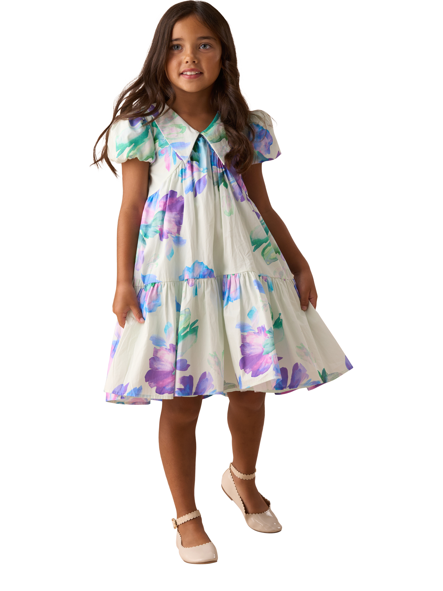 Product image 1 of 7, which shows Angel & Rocket Kids' Floral Print Tiered Collar Dress, Green, 2 years