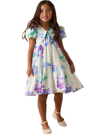 Angel & Rocket Kids' Floral Print Tiered Collar Dress, Green