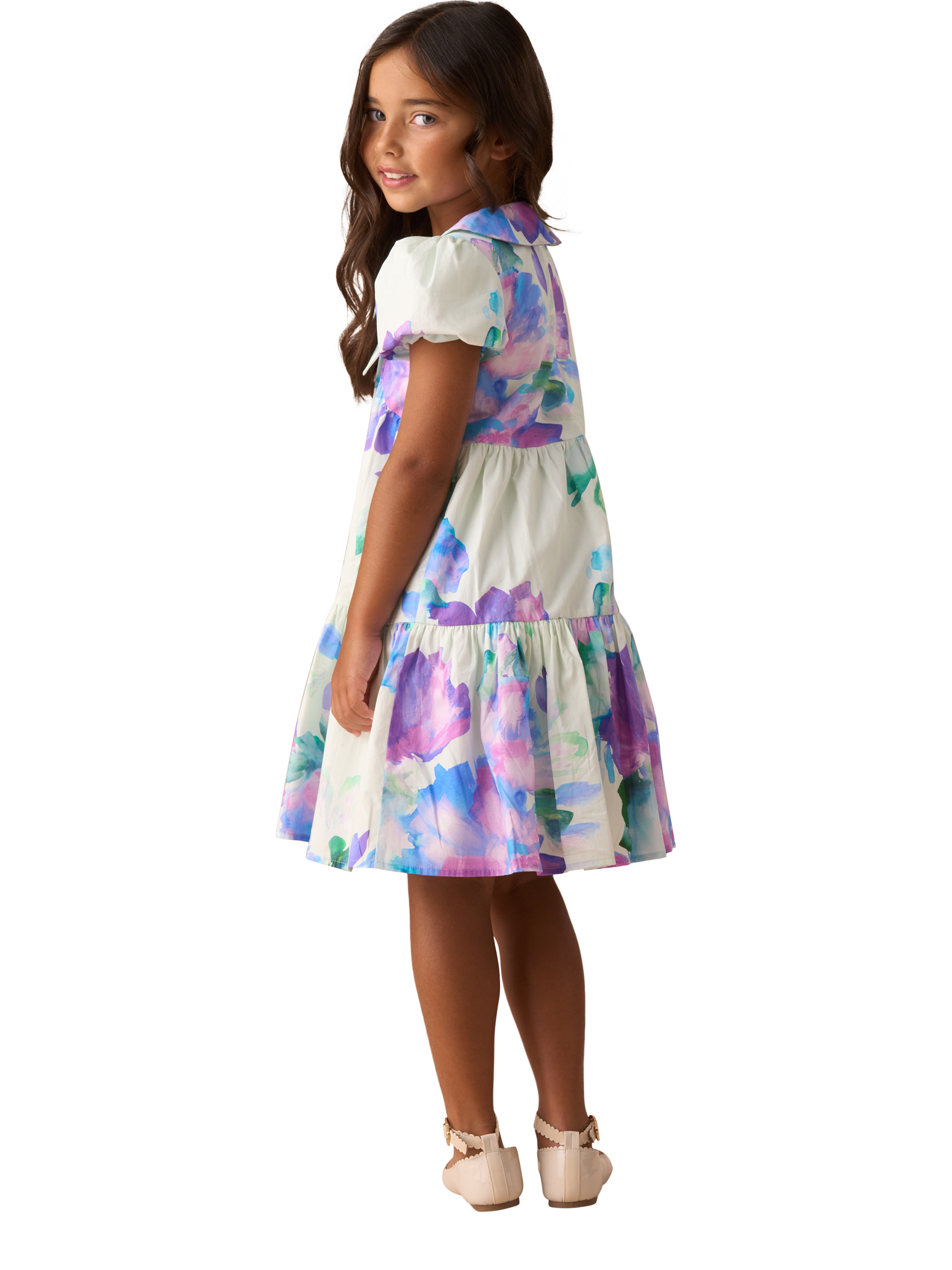 Product image 2 of 7, which shows Angel & Rocket Kids' Floral Print Tiered Collar Dress, Green, 2 years