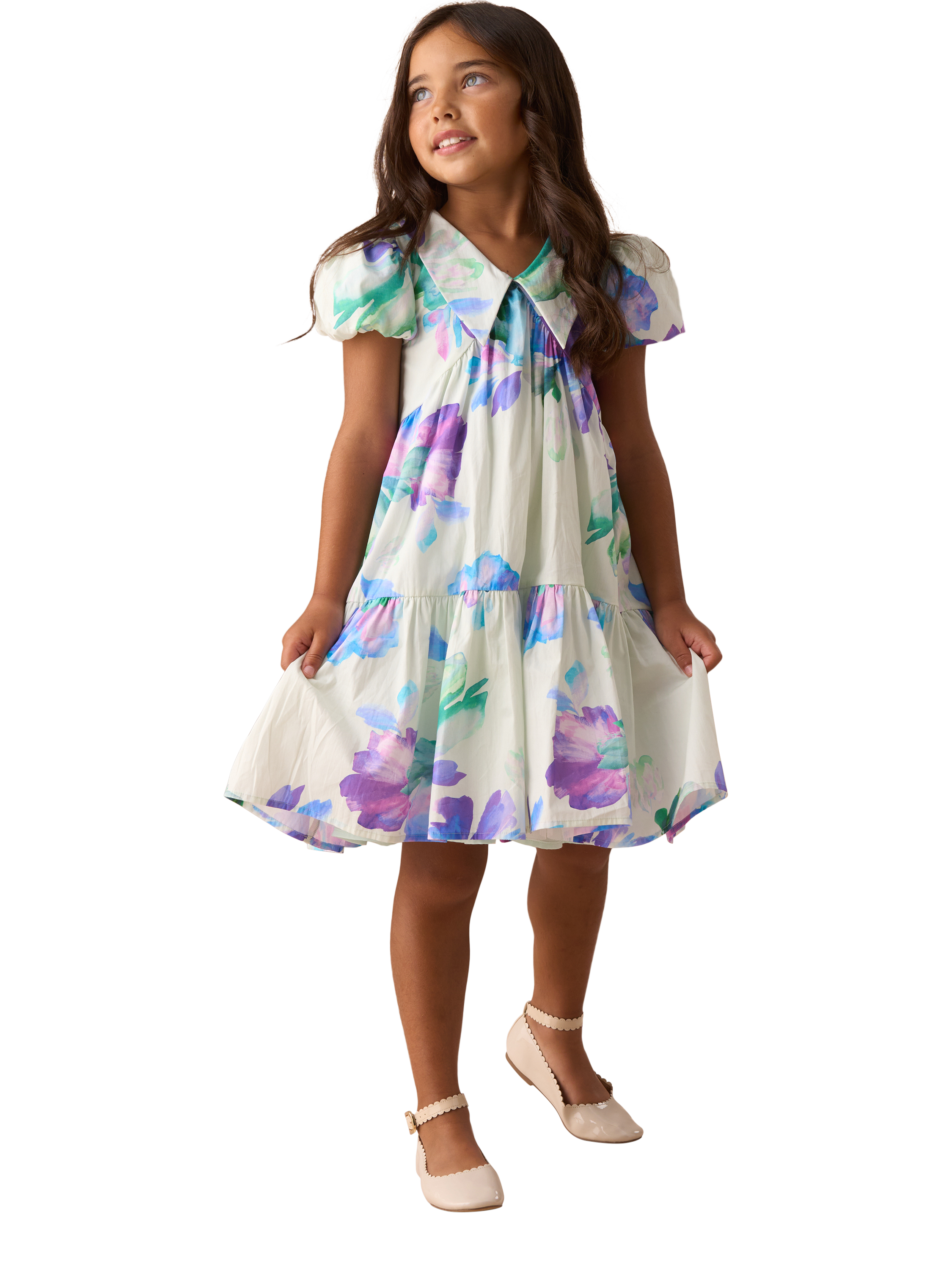 Product image 4 of 7, which shows Angel & Rocket Kids' Floral Print Tiered Collar Dress, Green, 2 years