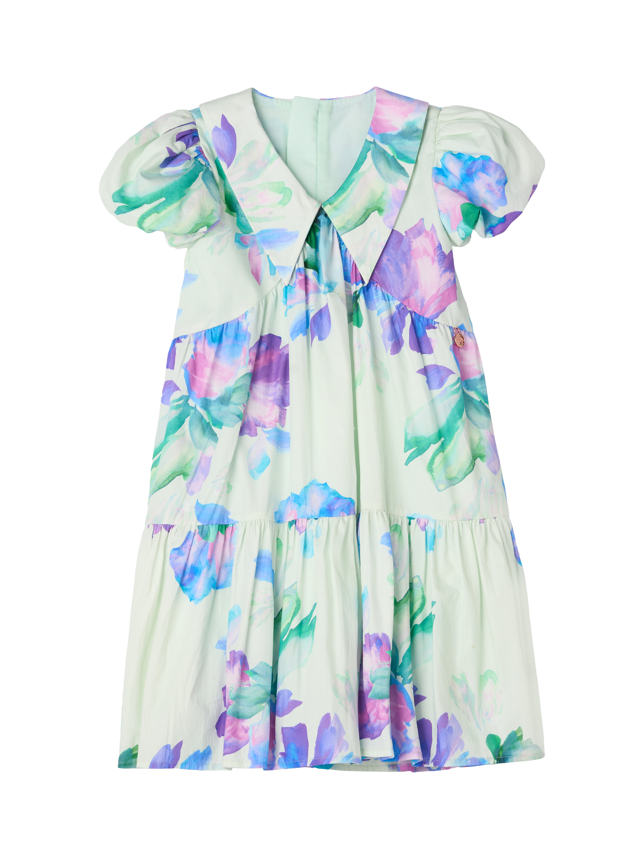 Product image 5 of 7, which shows Angel & Rocket Kids' Floral Print Tiered Collar Dress, Green, 2 years