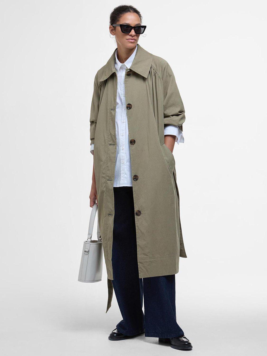 Product image 3 of 8, which shows Barbour Garbo Showerproof Trench Coat, Dusky Green/Rosemary, 10