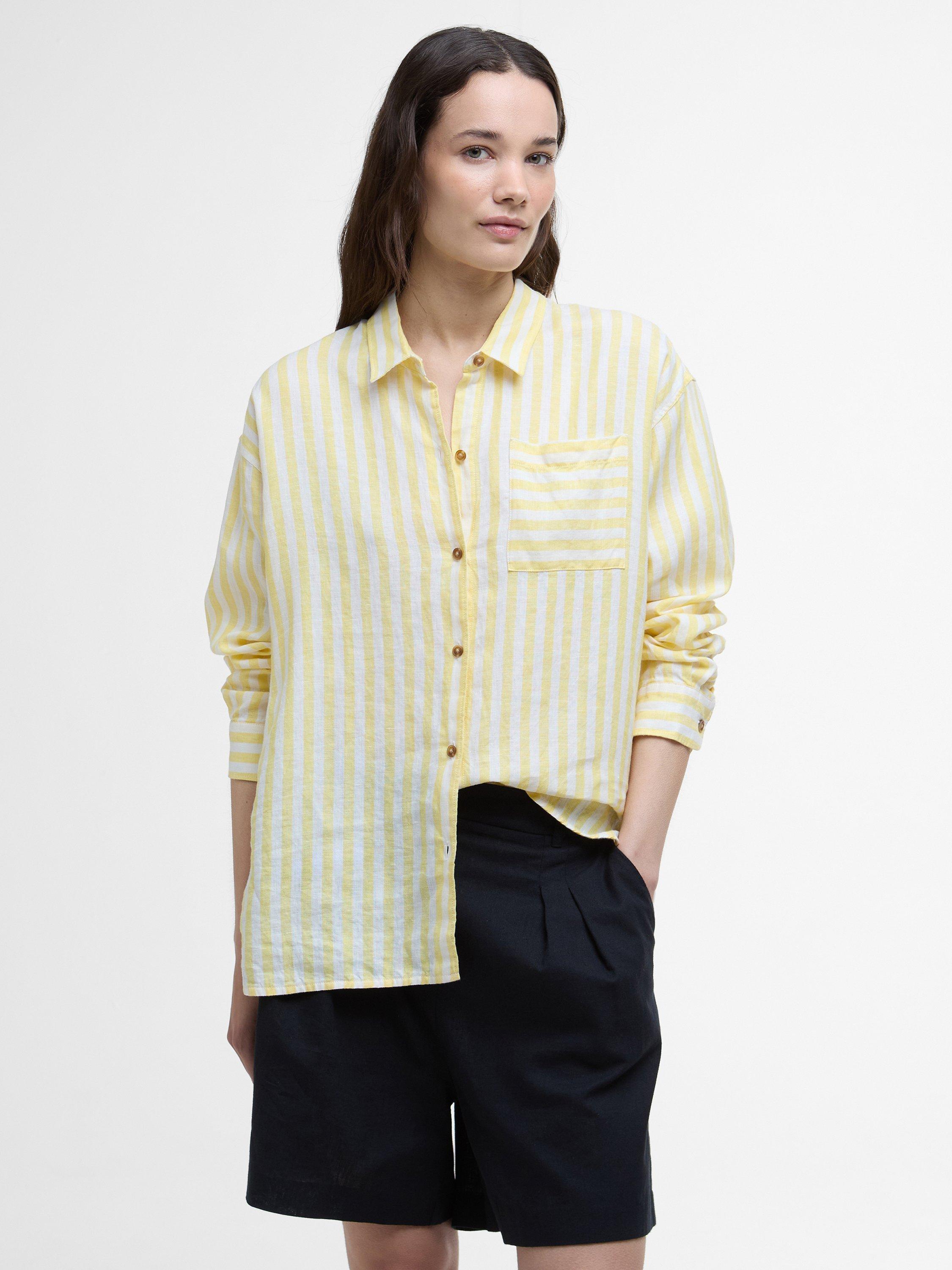 Product image 1 of 7, which shows Barbour Annie Stripe Pure Linen Shirt, Sunray Yellow, 10