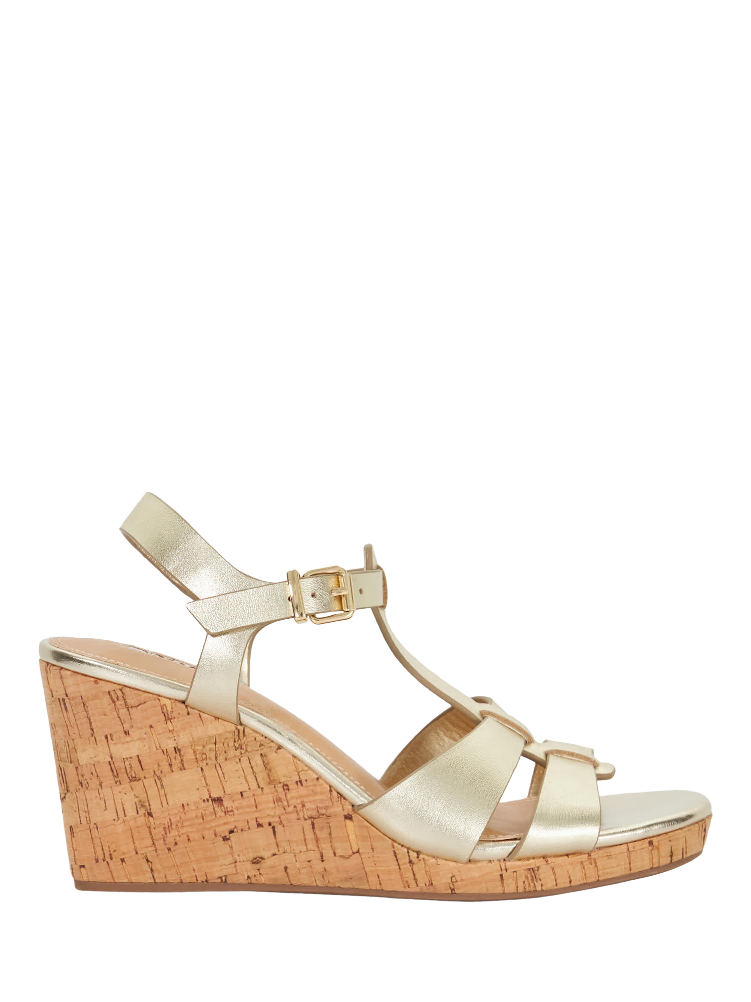 Product image 1 of 5, which shows Dune London Kastro Wide Fit Metallic Leather Wedge Heeled Sandals, Gold, EU37