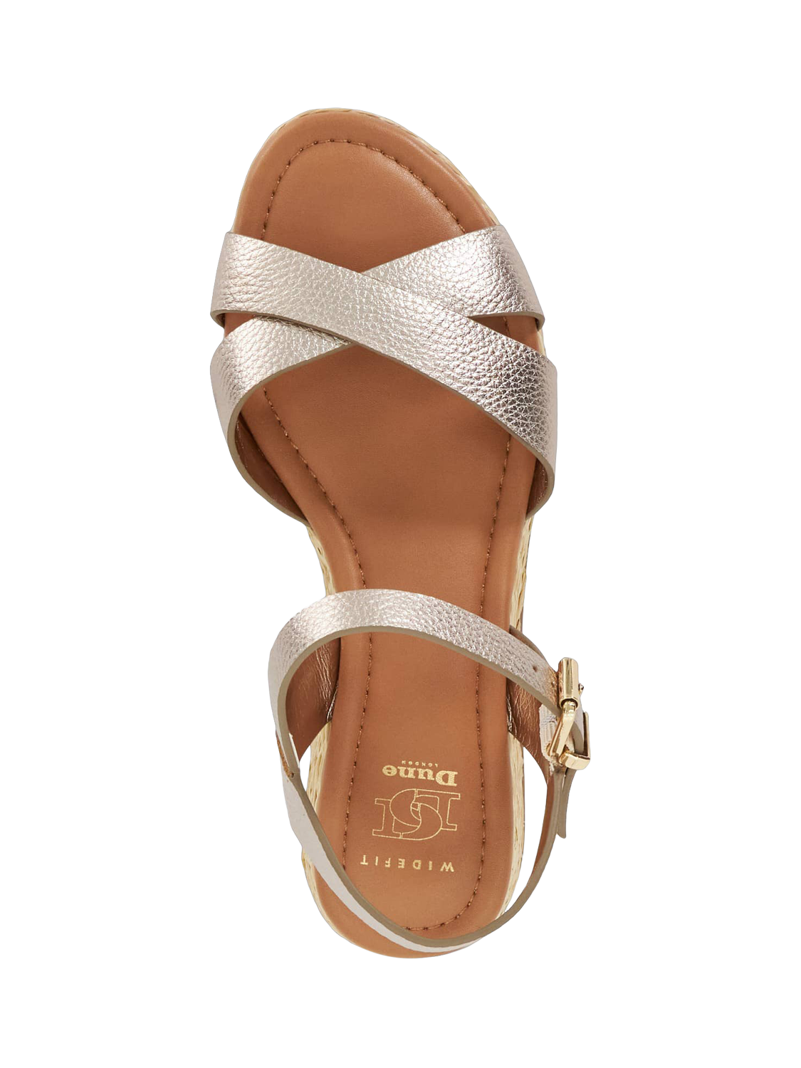 Product image 2 of 5, which shows Dune London Littleton Wide Fit Leather Rope Wedge Strappy Sandals, Gold, EU36
