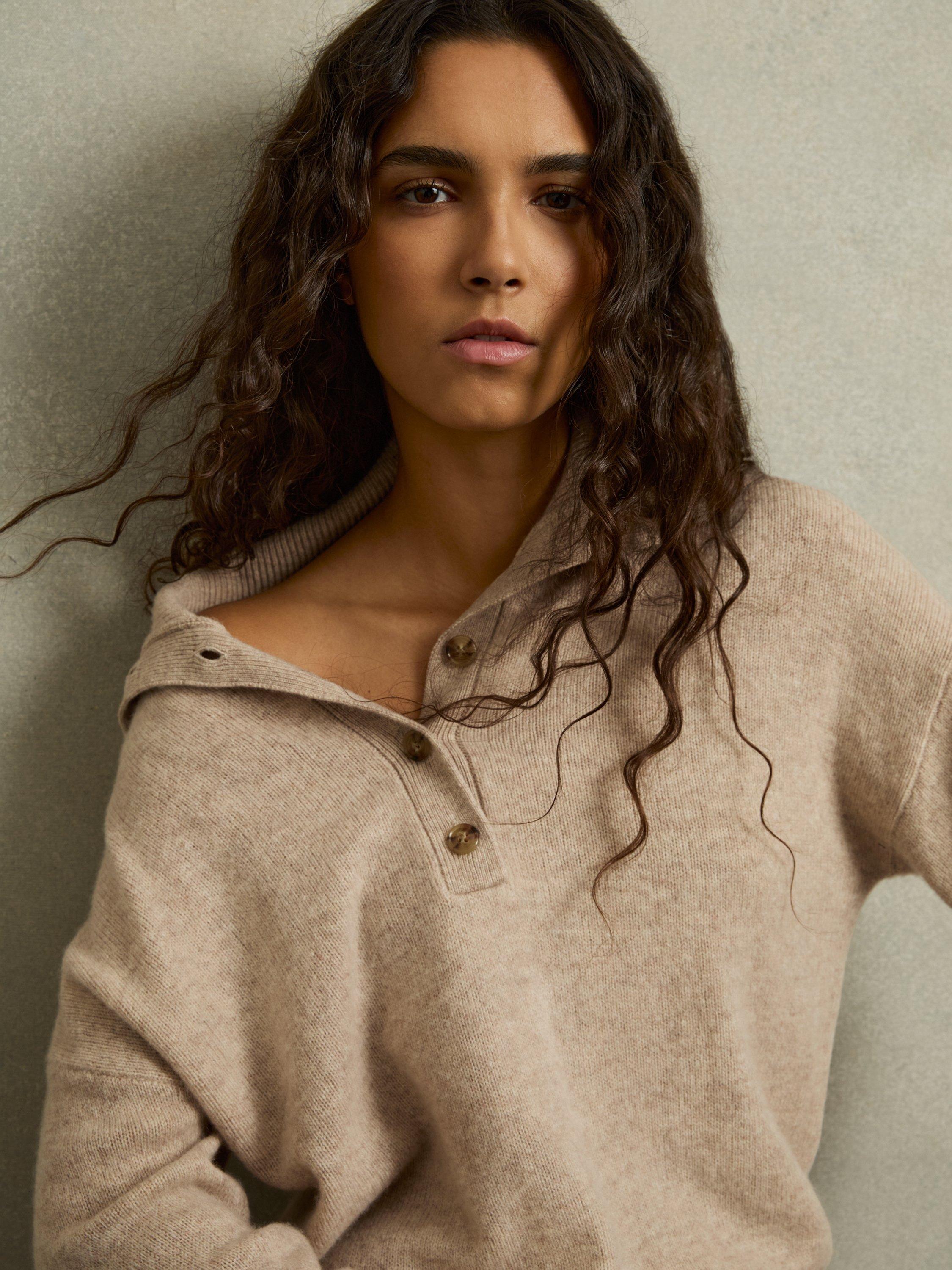 Product image 1 of 5, which shows Reiss Ava Open Neck Wool Rich Jumper, Neutral, S