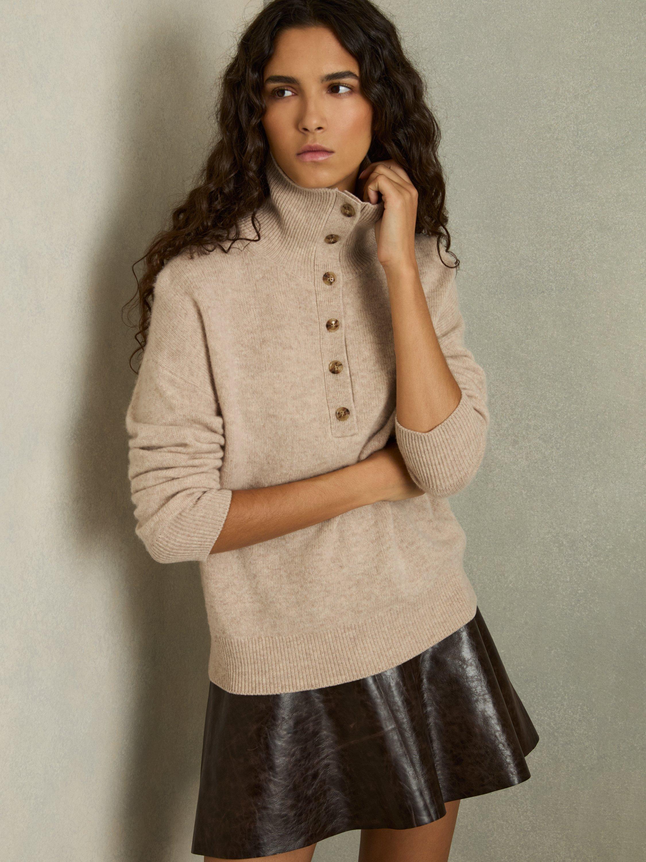 Product image 4 of 5, which shows Reiss Ava Open Neck Wool Rich Jumper, Neutral, S