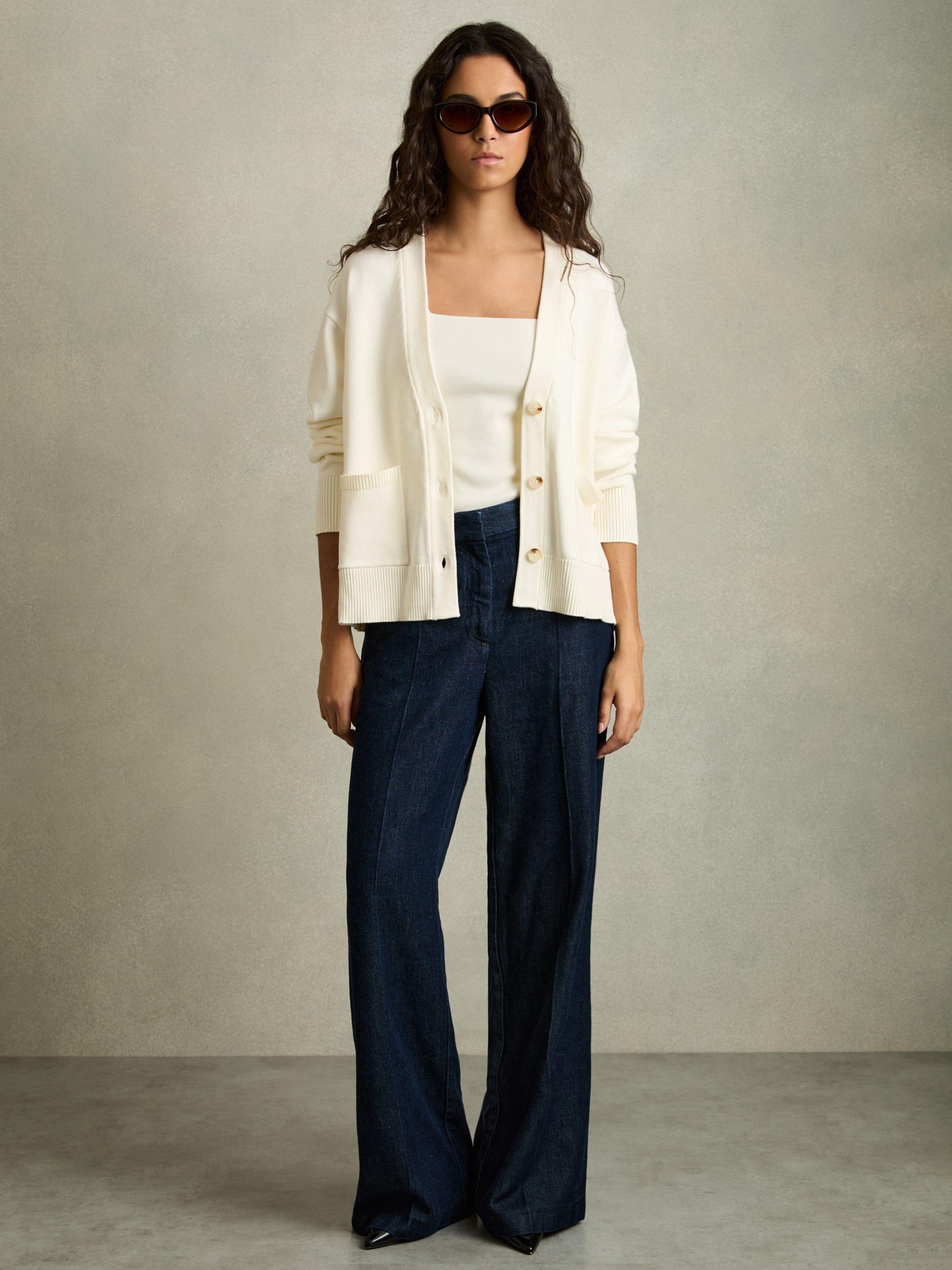 Product image 1 of 5, which shows Reiss Harper V-Neck Cardigan, Ivory, L