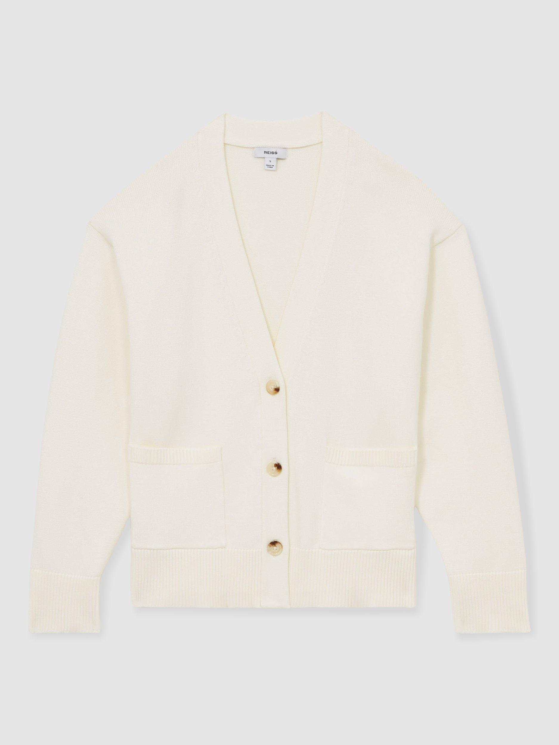 Product image 3 of 5, which shows Reiss Harper V-Neck Cardigan, Ivory, L