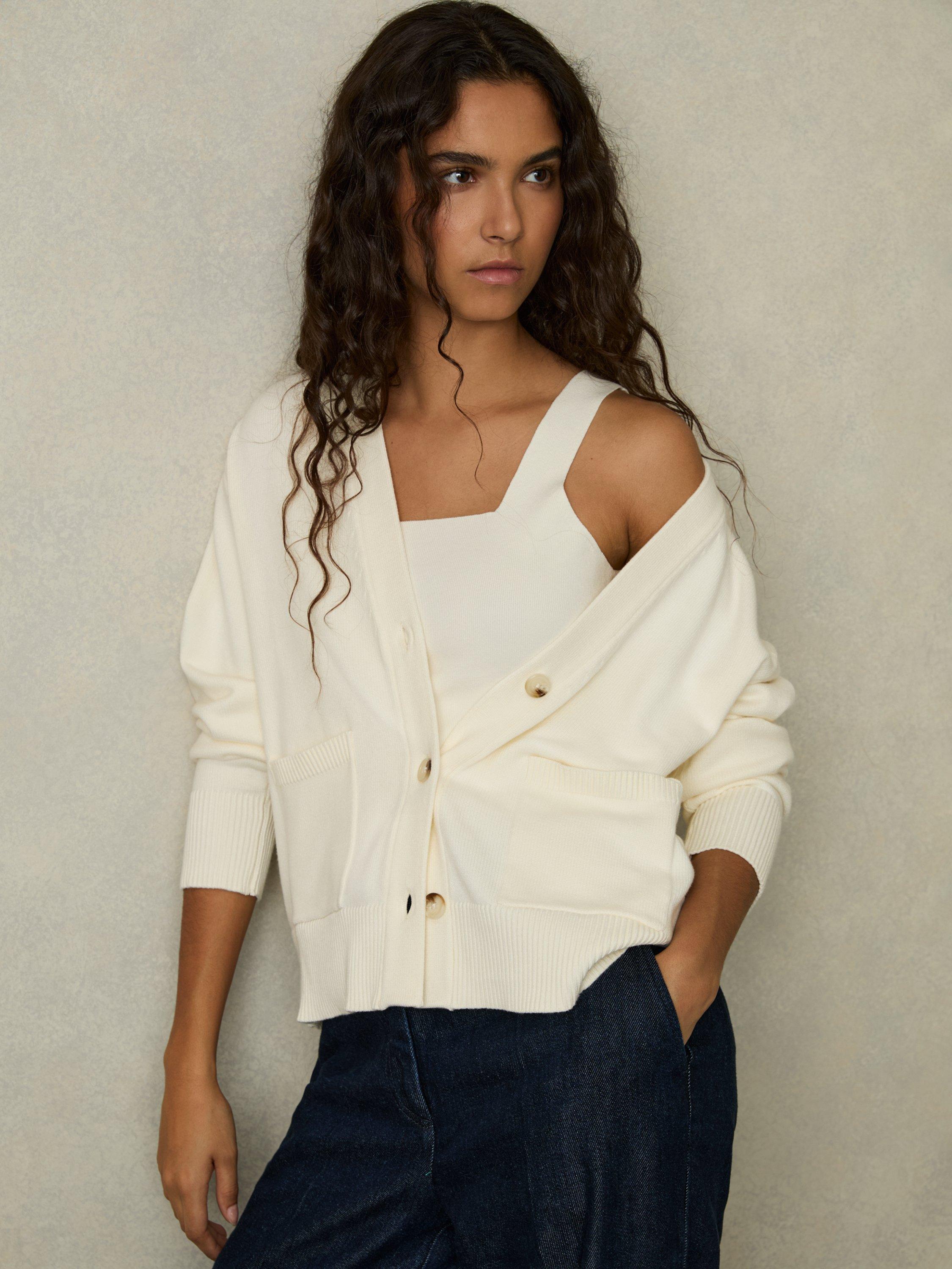 Product image 4 of 5, which shows Reiss Harper V-Neck Cardigan, Ivory, L
