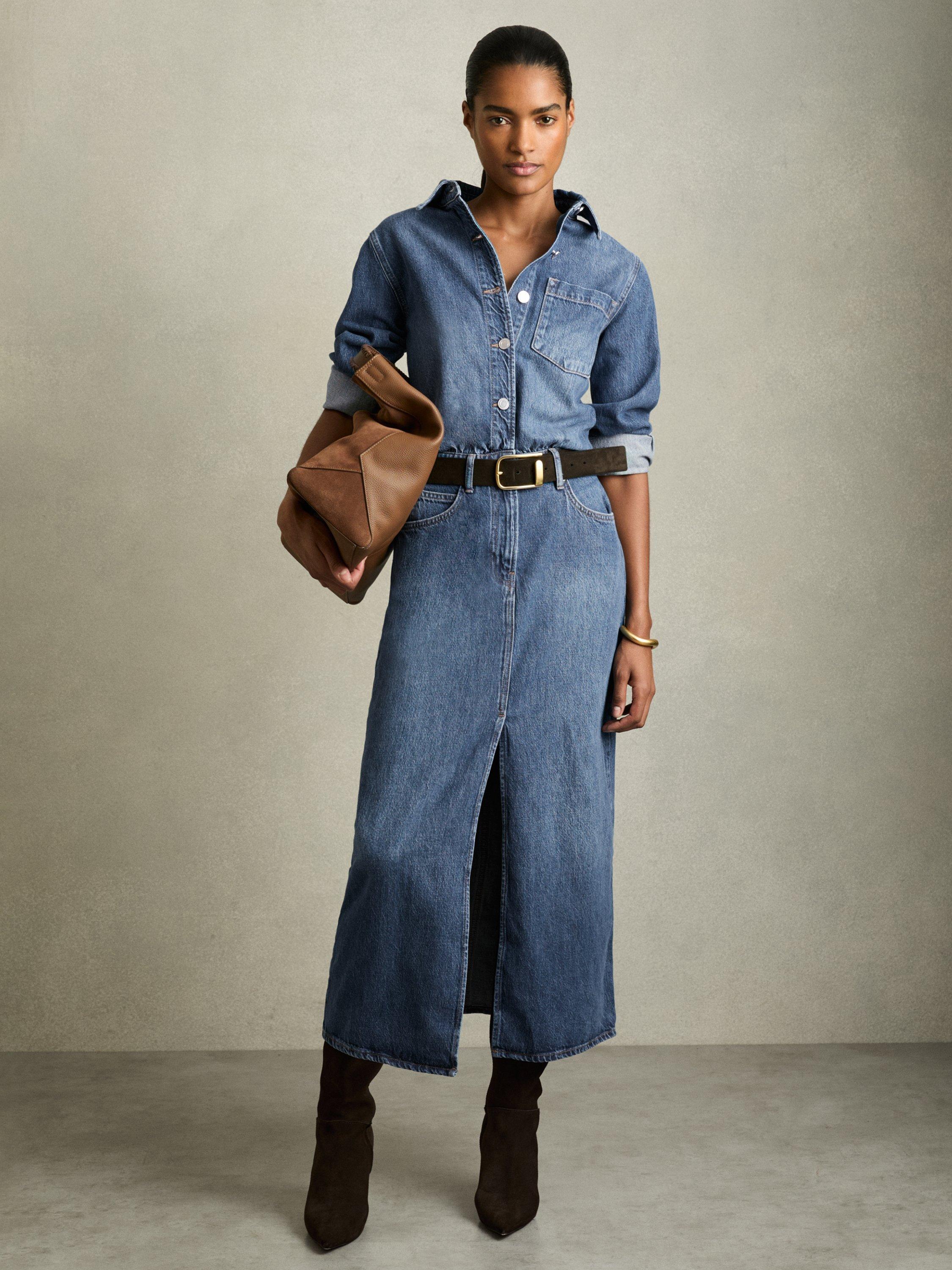 Product image 1 of 3, which shows Reiss Terra Denim Midi Dress, Indigo, 6