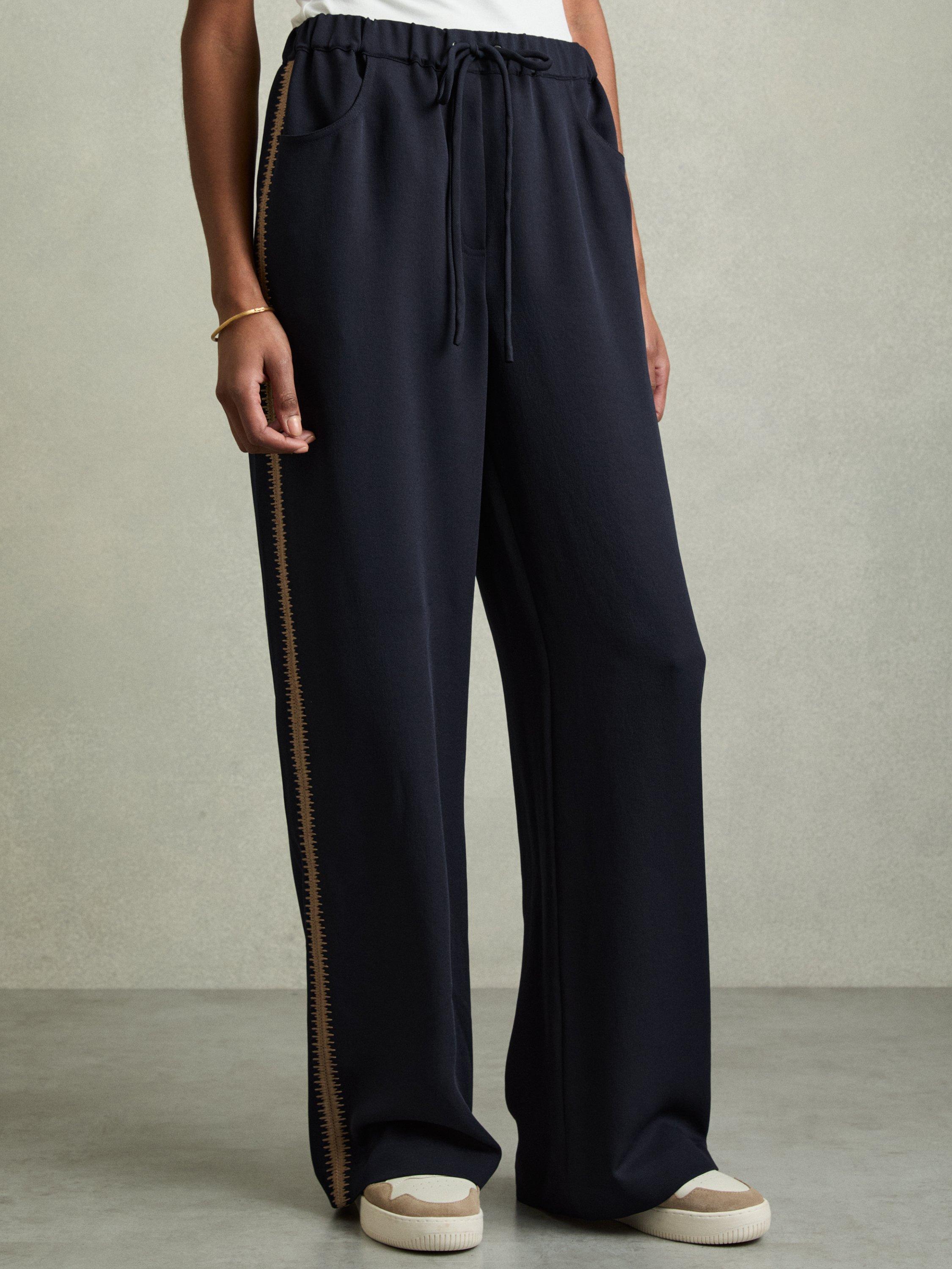 Product image 4 of 5, which shows Reiss Inaya Stripe Wide Leg Trousers, Navy, 12R