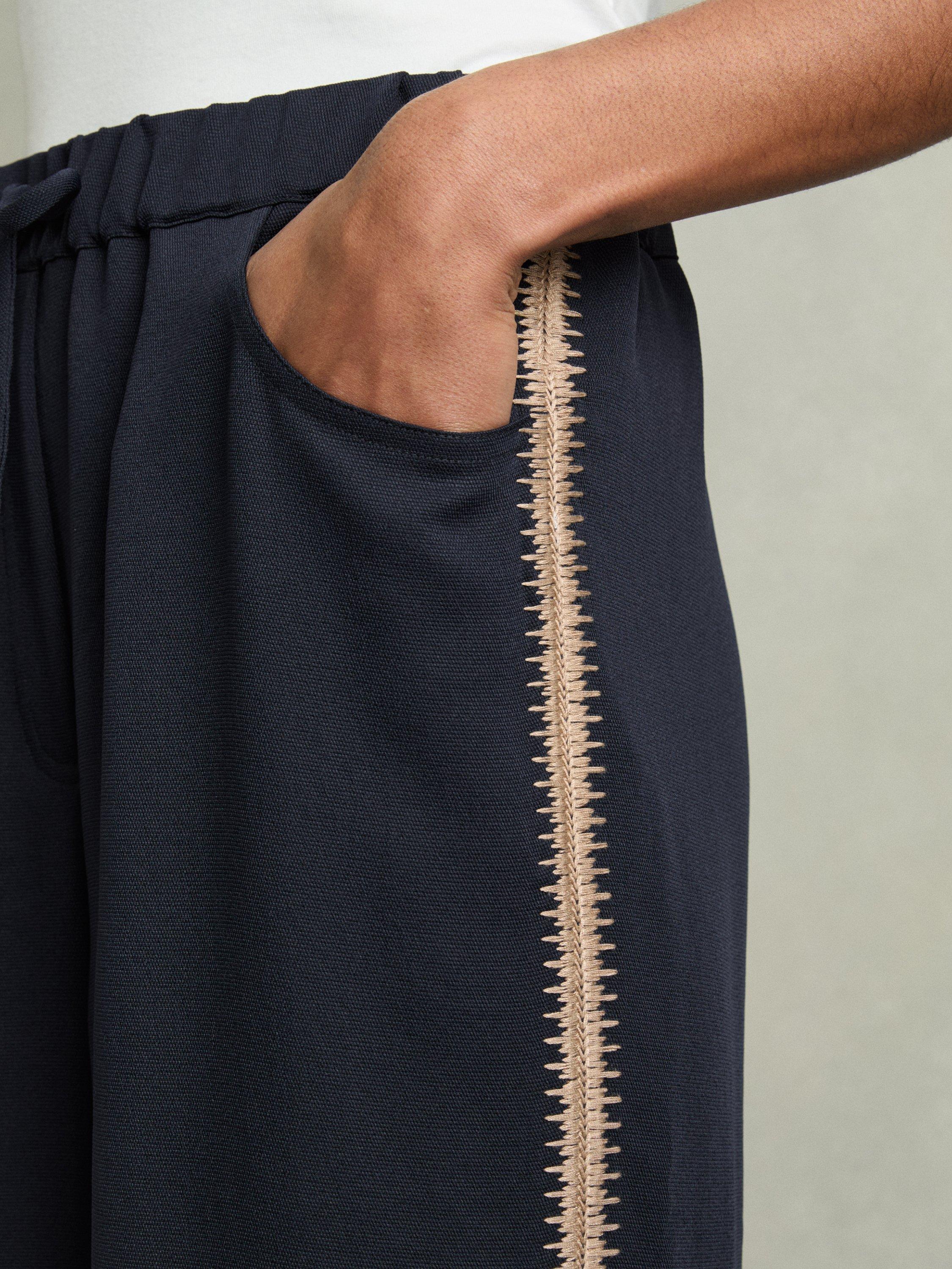 Product image 5 of 5, which shows Reiss Inaya Stripe Wide Leg Trousers, Navy, 12R