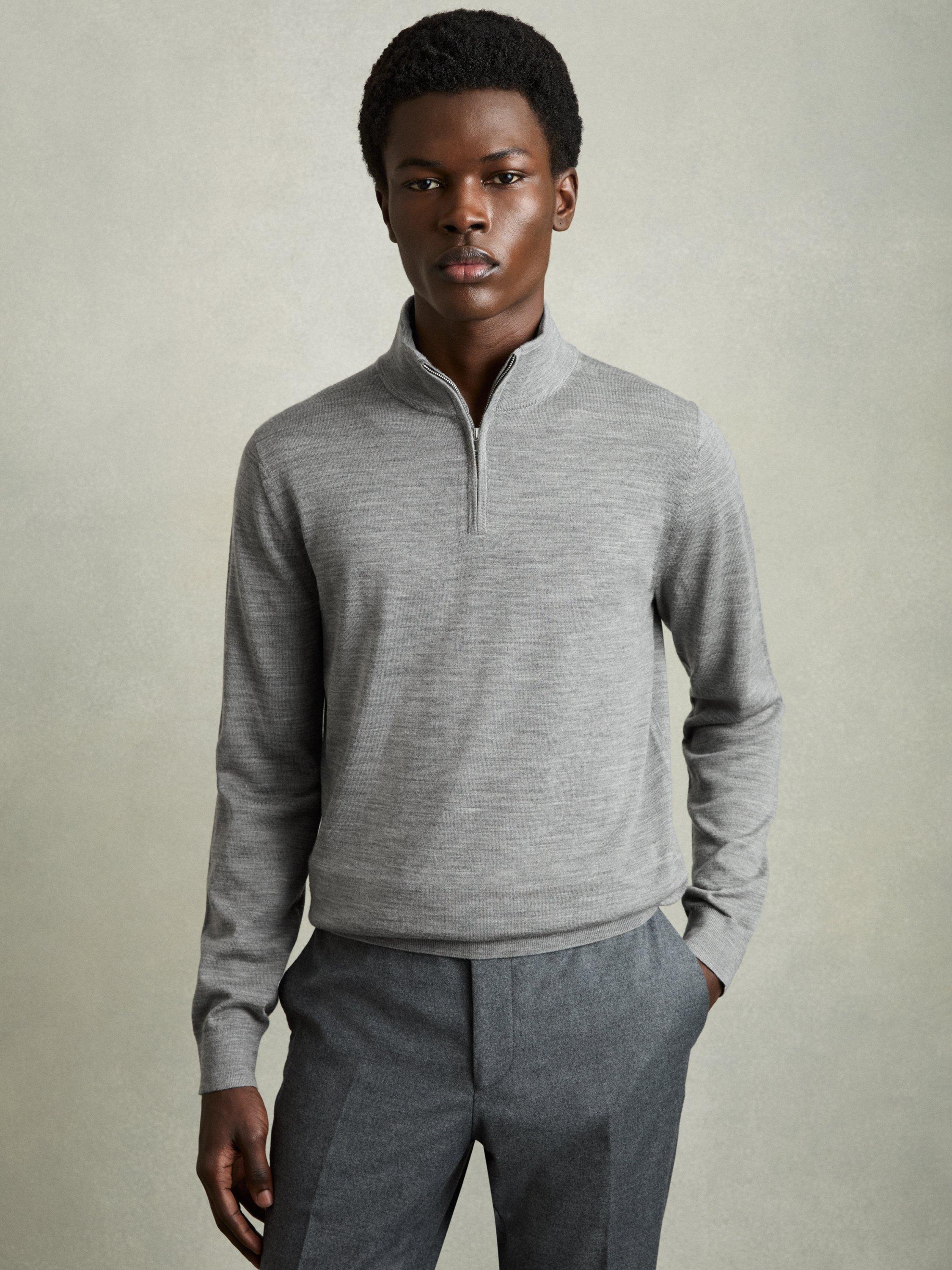 Reiss Blackhall Wool Half Zip Jumper, Grey Melange