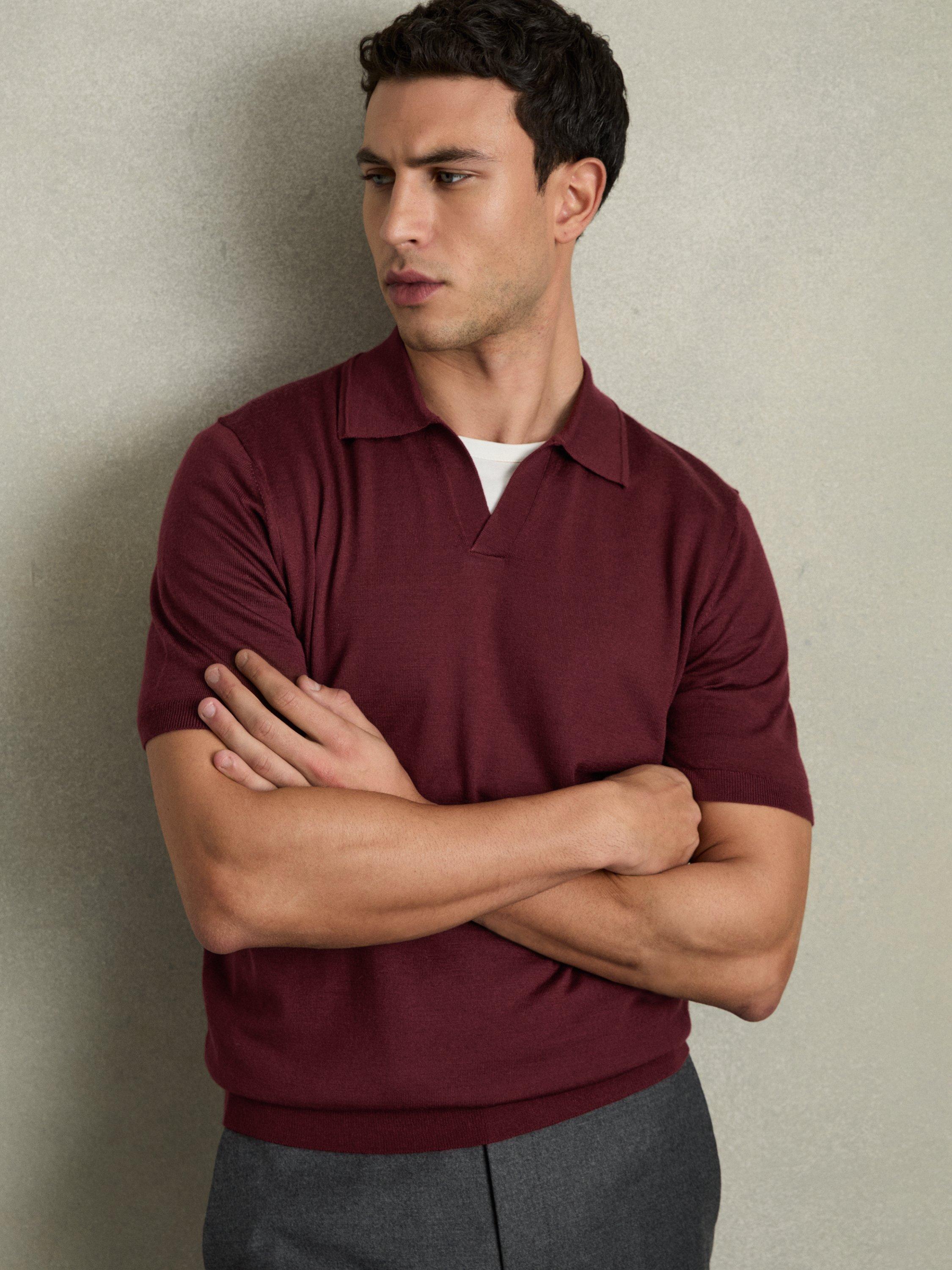 Product image 1 of 5, which shows Reiss Duchie Wool Short Sleeve Polo Shirt, Mid Red, XS