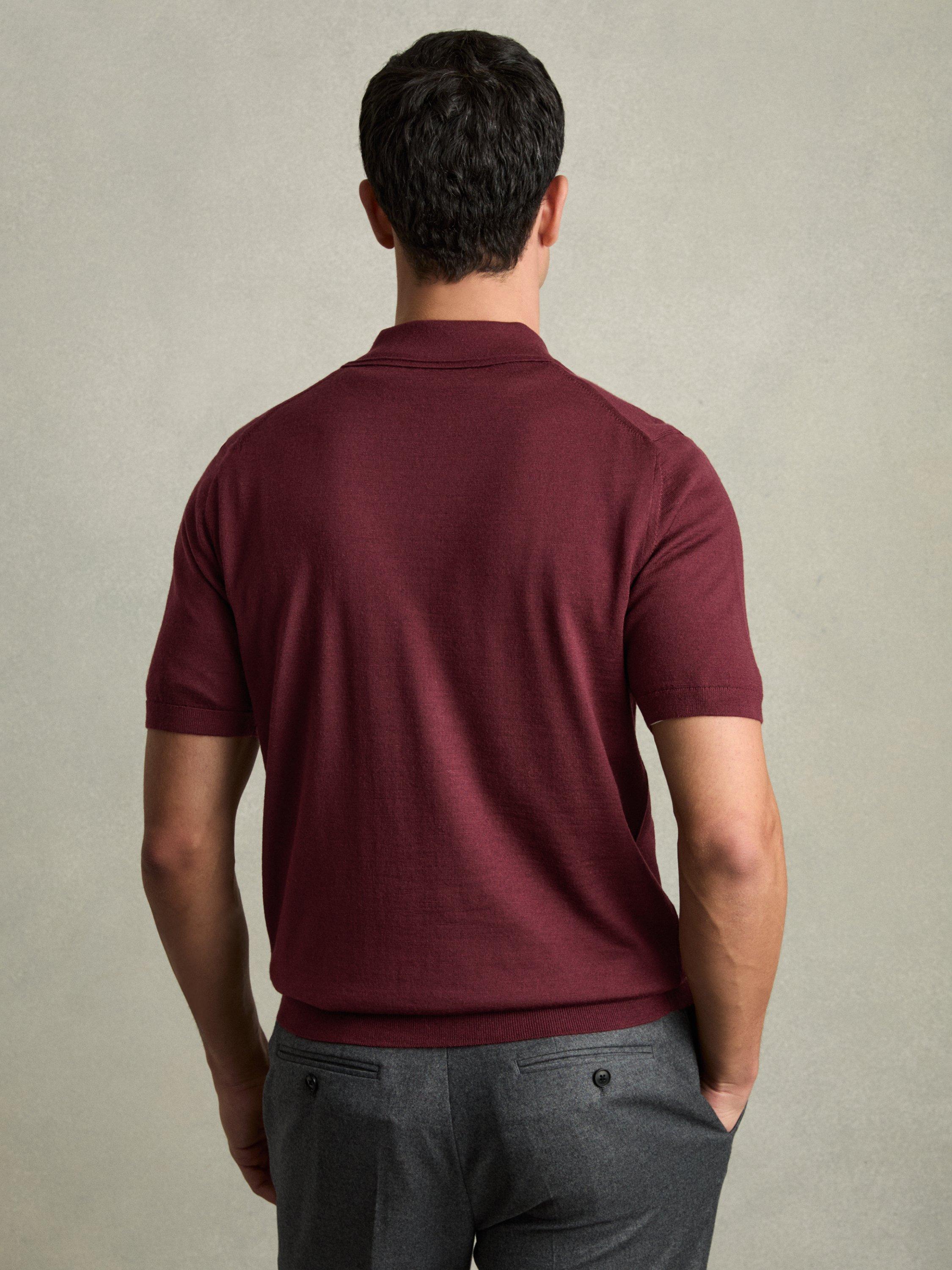 Product image 2 of 5, which shows Reiss Duchie Wool Short Sleeve Polo Shirt, Mid Red, XS