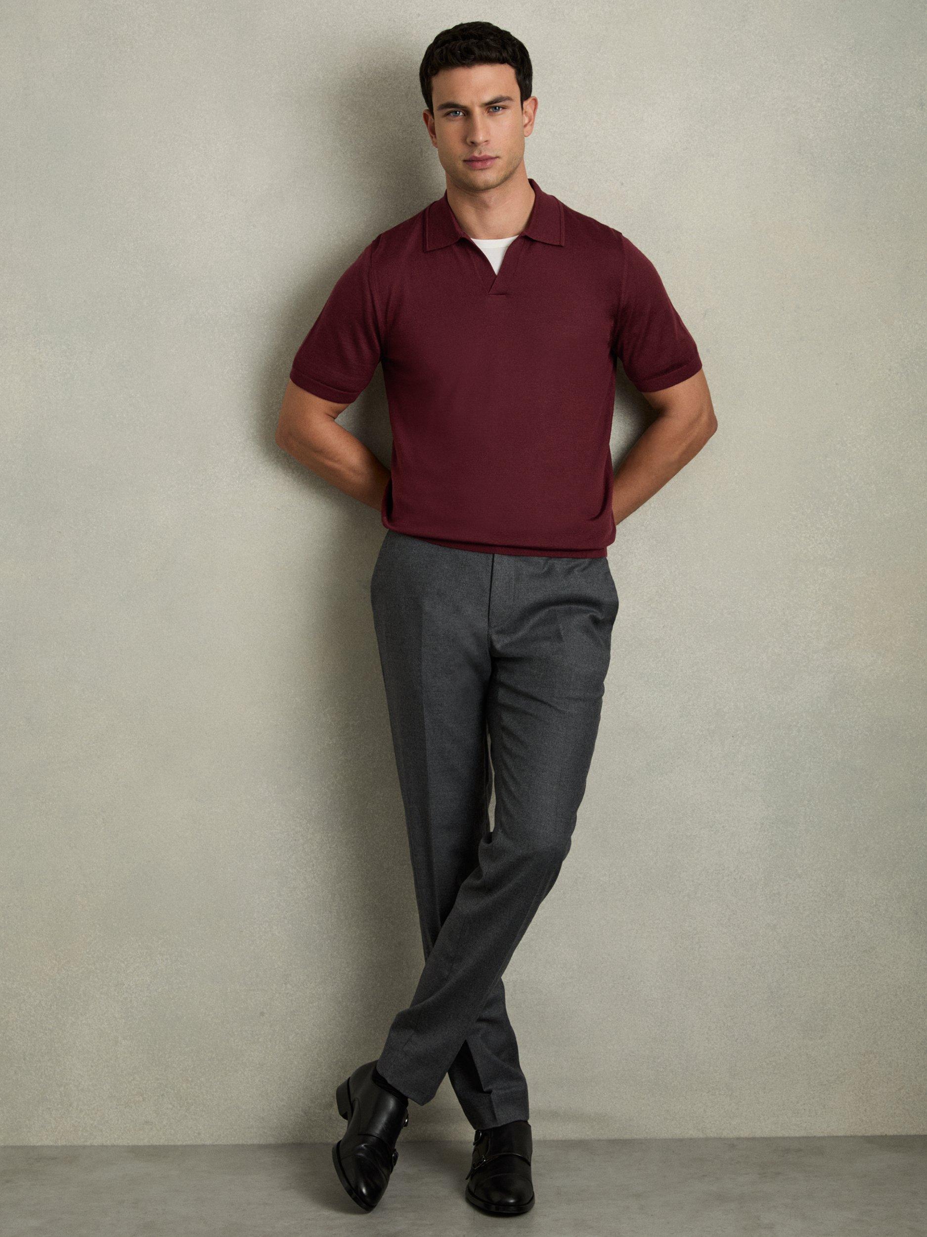 Product image 4 of 5, which shows Reiss Duchie Wool Short Sleeve Polo Shirt, Mid Red, XS