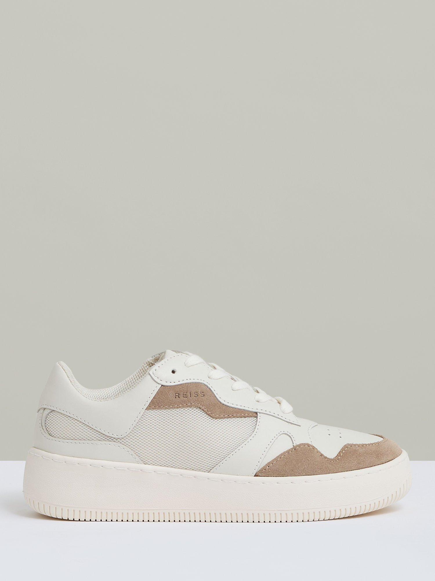 Product image 1 of 5, which shows Reiss Ruth Leather Suede Panel Chunky Trainers, Taupe, 6