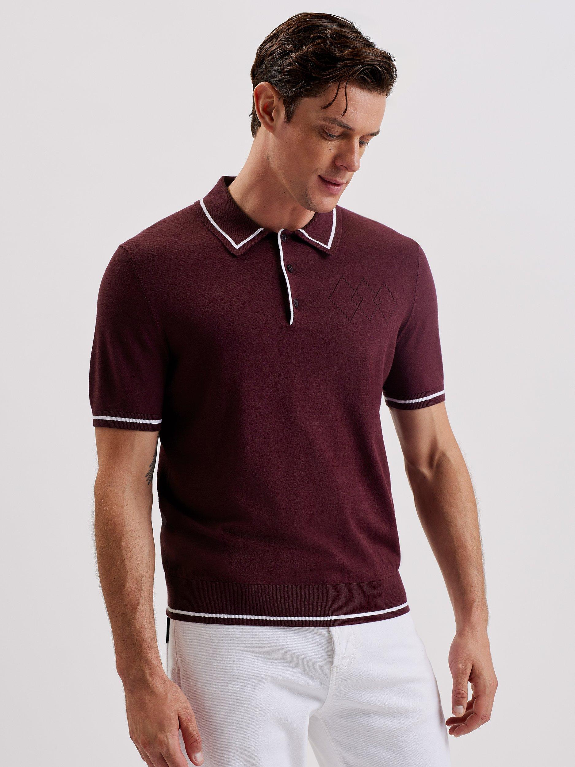 Product image 1 of 7, which shows Ted Baker Dunow Pointelle Diamond Polo Shirt, Maroon, XL