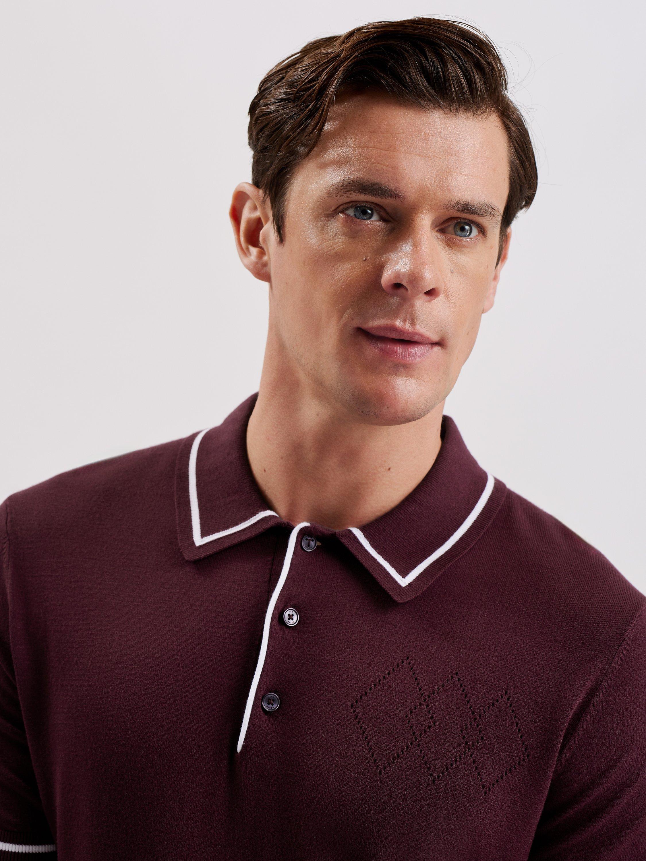 Product image 3 of 7, which shows Ted Baker Dunow Pointelle Diamond Polo Shirt, Maroon, XL