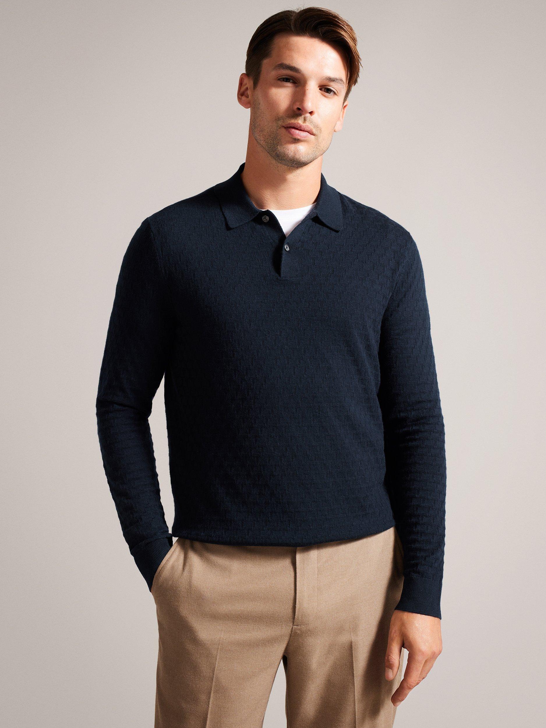 Product image 1 of 7, which shows Ted Baker Morar Stitch Knitted Polo Shirt, Navy Green, XL