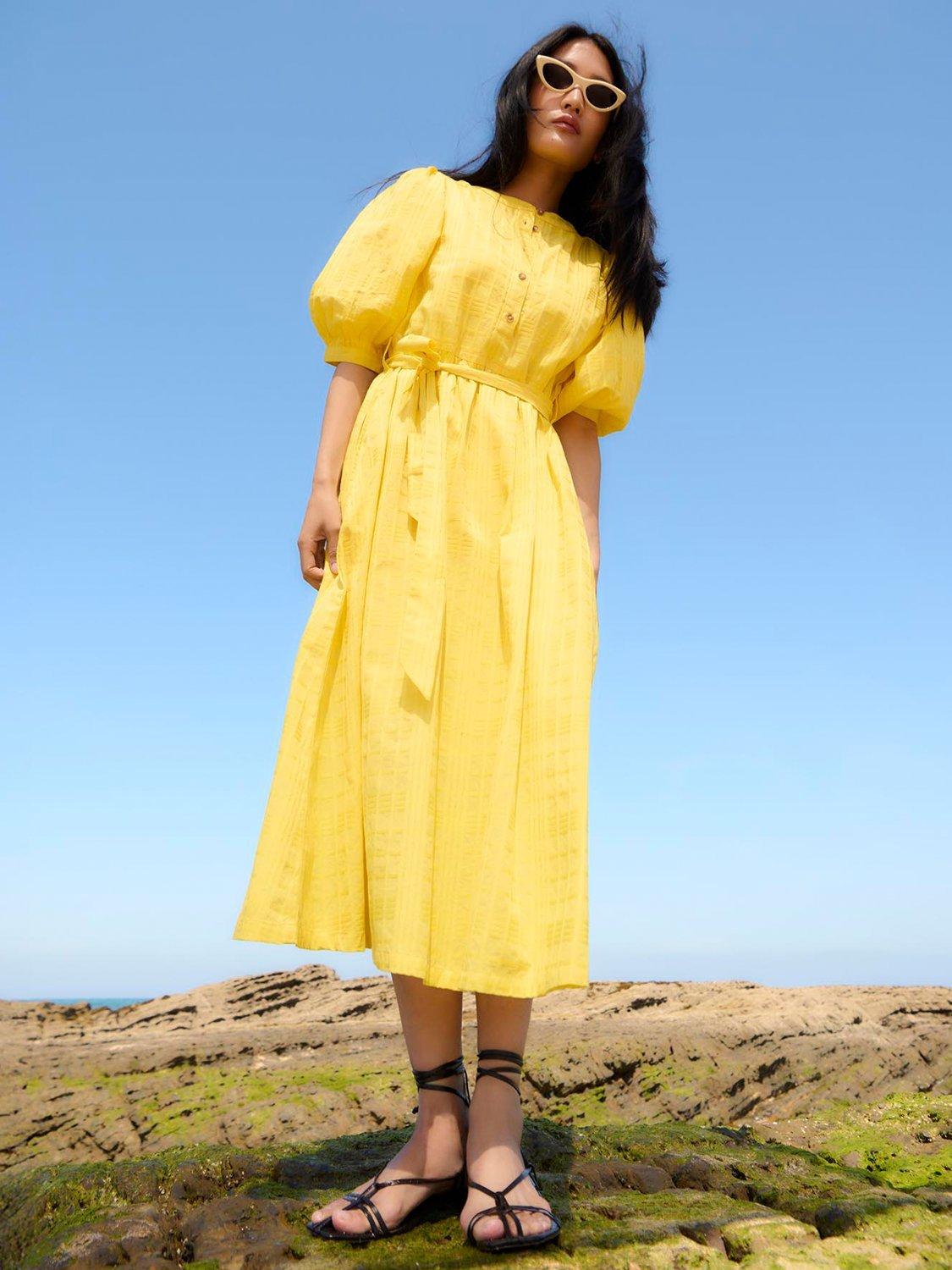 Product image 2 of 6, which shows Barbour Heidi Textured Belted Dress, Sunray Yellow, 8