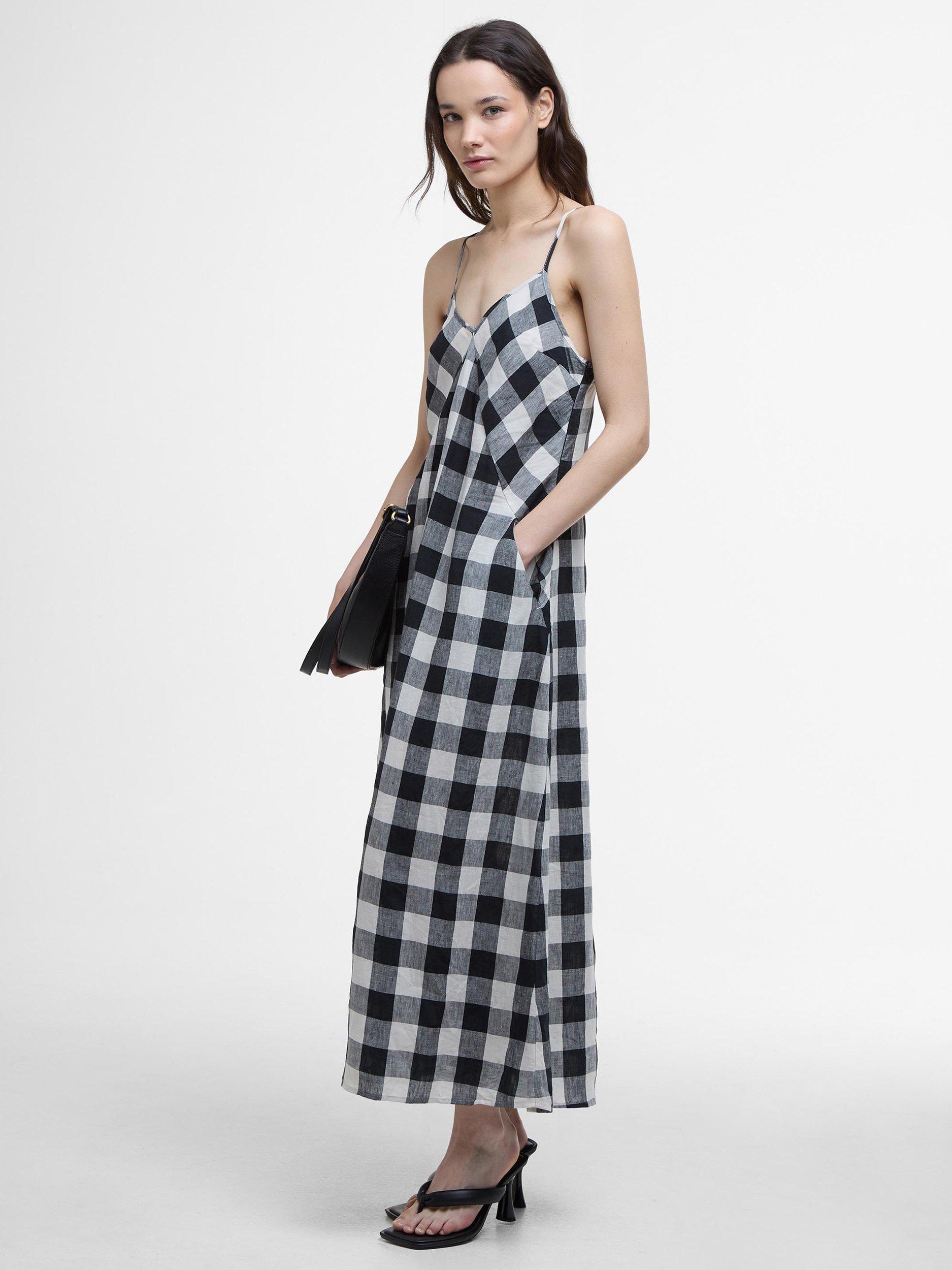 Product image 3 of 6, which shows Barbour Maya Gingham Pure Linen Dress, Ecru/Black, 10