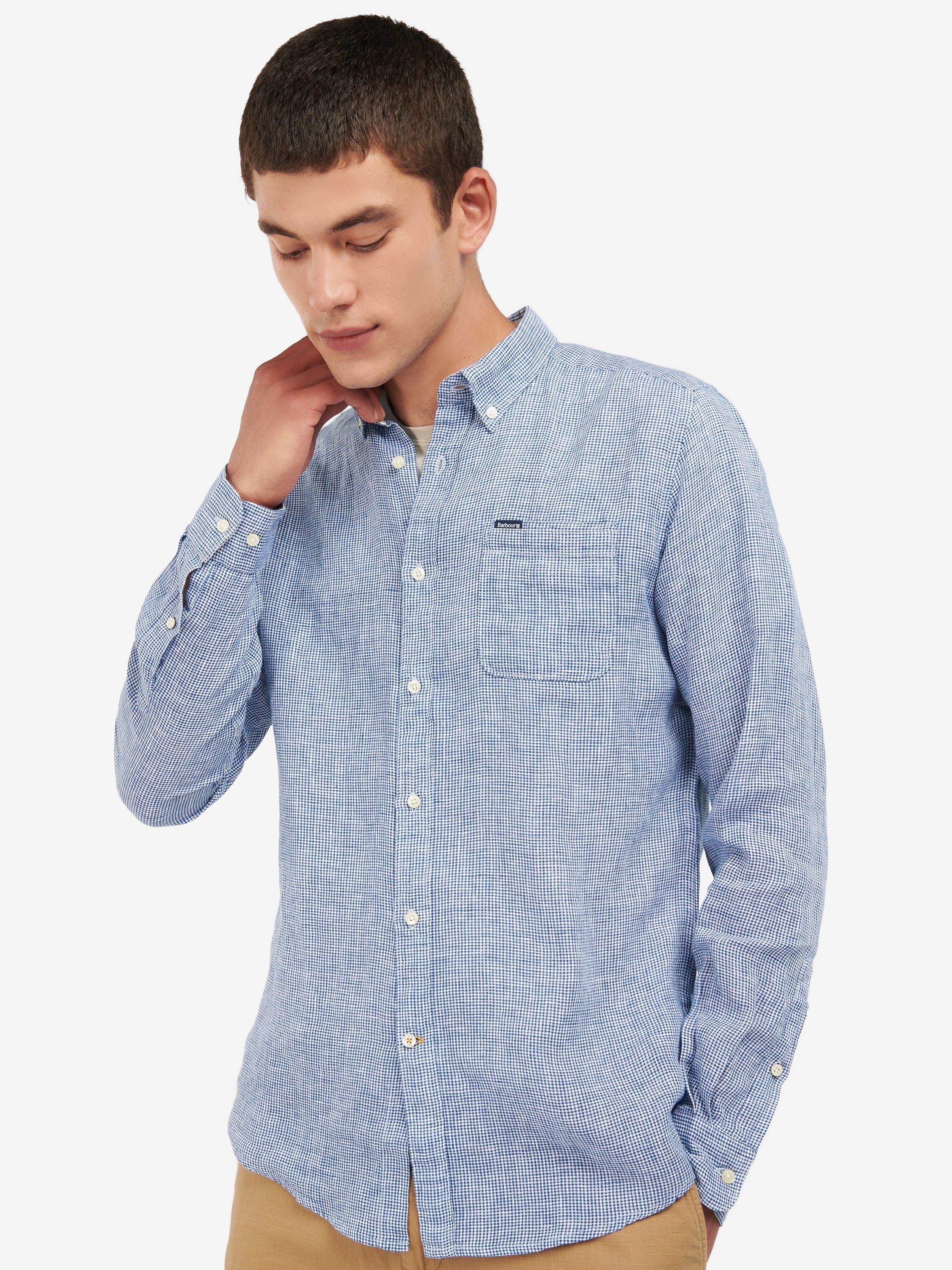 Product image 1 of 7, which shows Barbour Linton Long Sleeve Linen Tailored Shirt, Navy, S