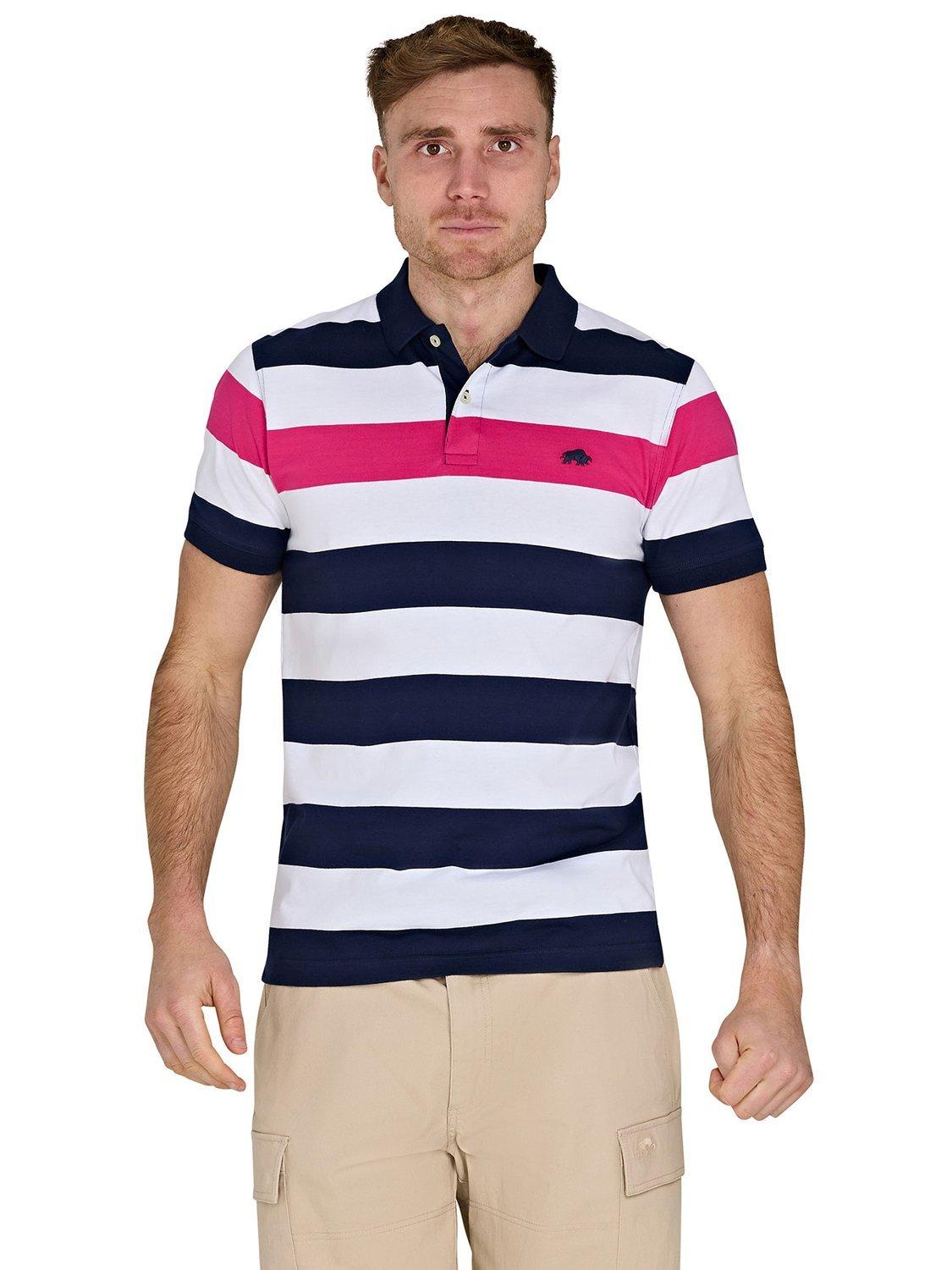 Product image 1 of 7, which shows Raging Bull Cotton Regular Fit Irregular Stripe Polo Shirt, Vivid Pink/Multi, S