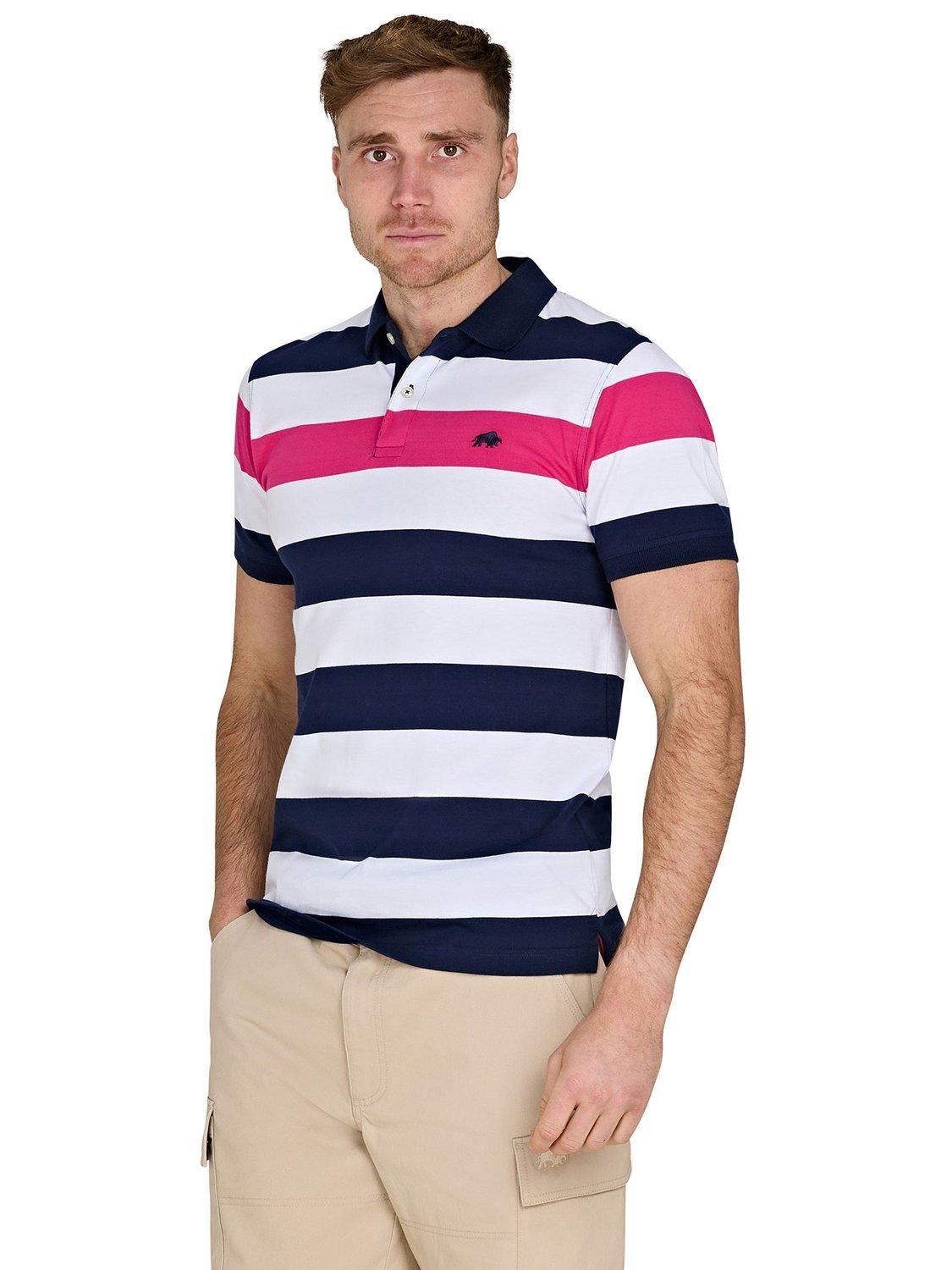 Product image 7 of 7, which shows Raging Bull Cotton Regular Fit Irregular Stripe Polo Shirt, Vivid Pink/Multi, S