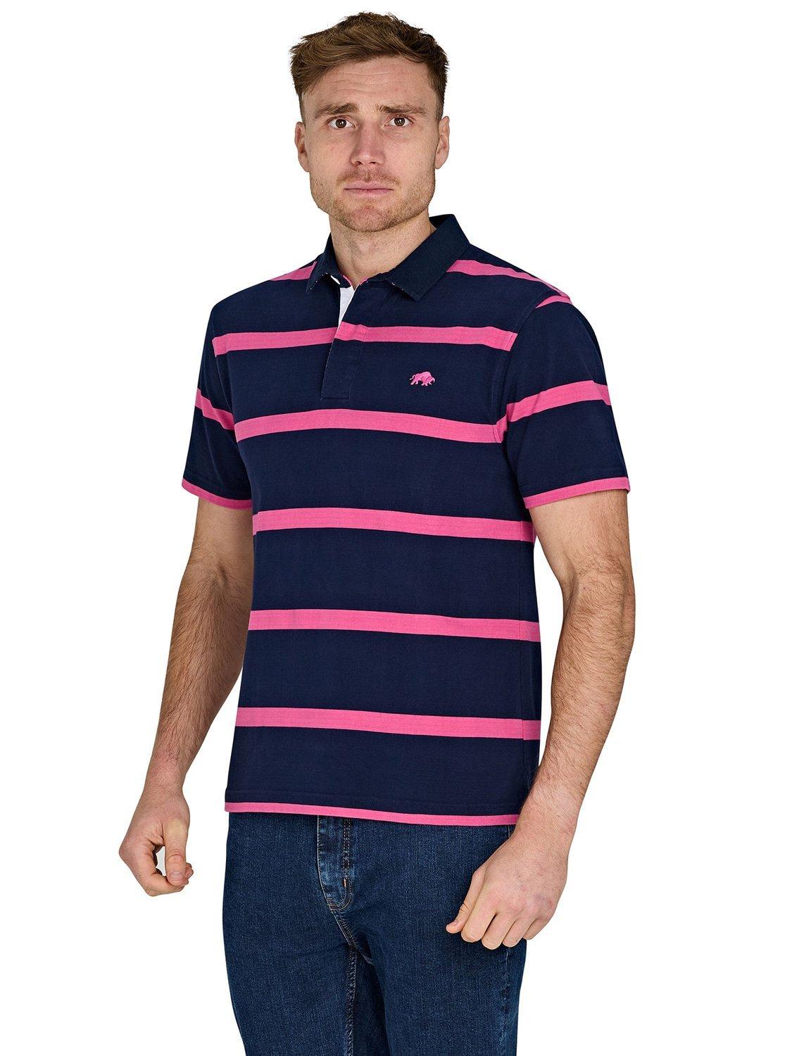 Product image 1 of 7, which shows Raging Bull Short Sleeve Thin Stripe Rugby Shirt, Navy/Fuchsia, S